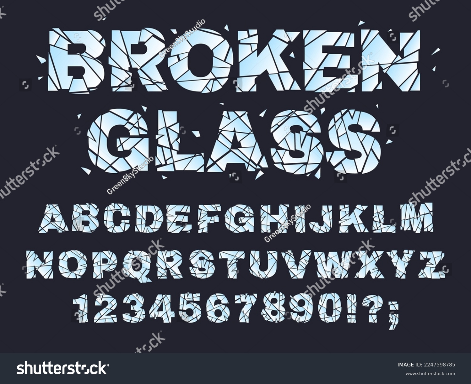 SVG of Cracked broken font, smashed letters and numbers. Glitch broken alphabet, crushed glass letters flat vector illustration set. Shattered, fragmented alphabet svg