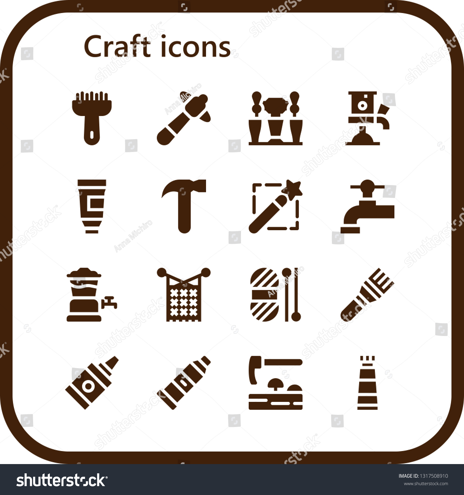 SVG of craft icon set. 16 filled craft icons.  Simple modern icons about  - Brush, Hammer, Beer tap, Paint tube, Magic wand, Knit, Wool, Glue, Adze svg