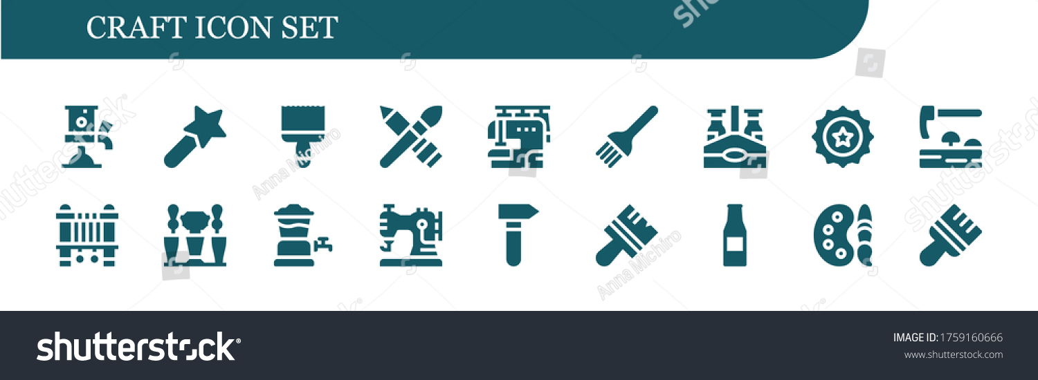 SVG of craft icon set. 18 filled craft icons.  Simple modern icons such as: Beer tap, Magic wand, Paint brush, Brush, Sewing machine, Beer bottle, Beer cap, Adze, Hammer, Paint palette svg