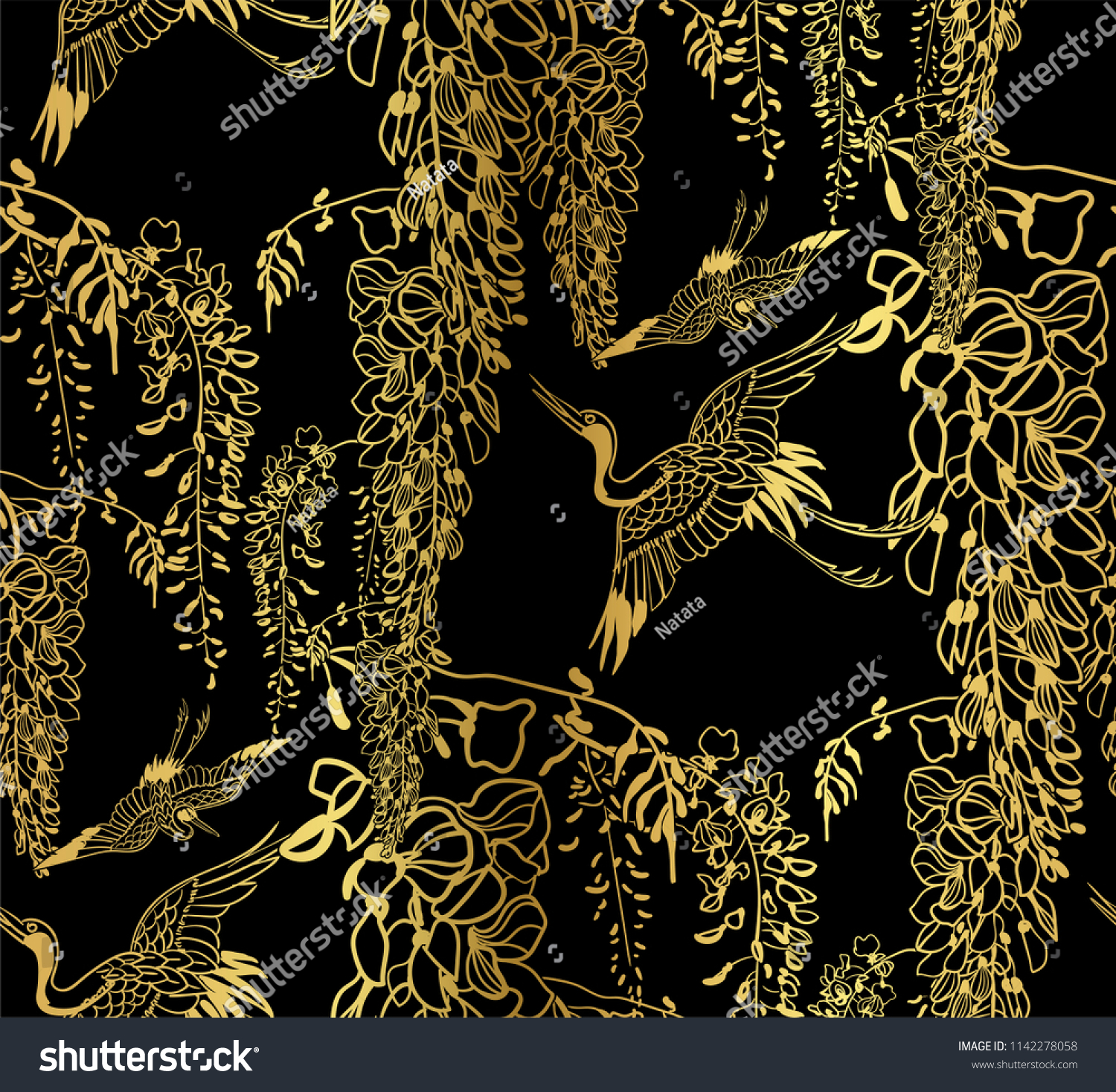 SVG of cran bird wisteria vector seamless japanese chinese pattern gold black traditional svg
