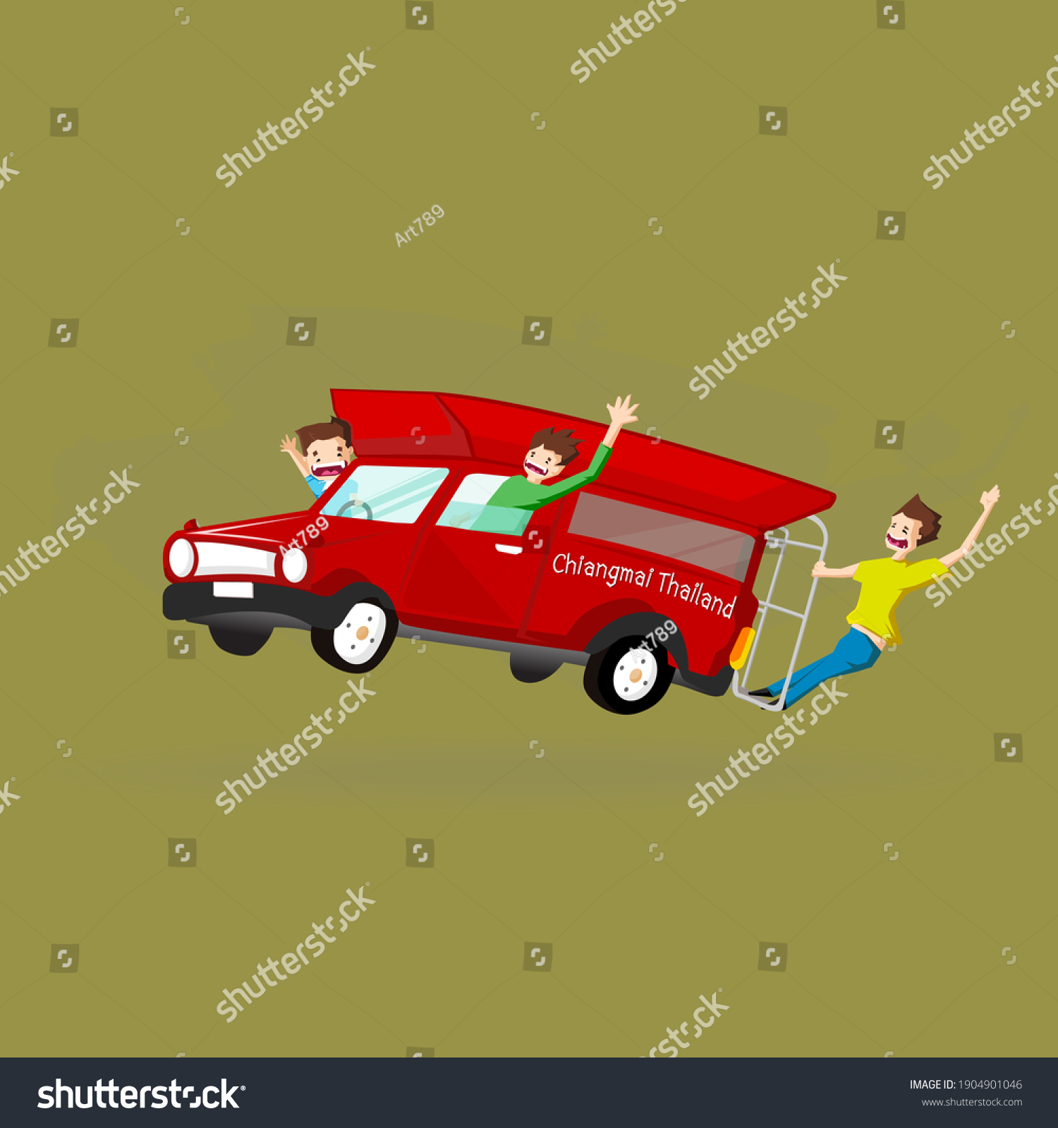 SVG of Crazy man group tourist passenger take a red car taxi in Chiangmai Thailand svg