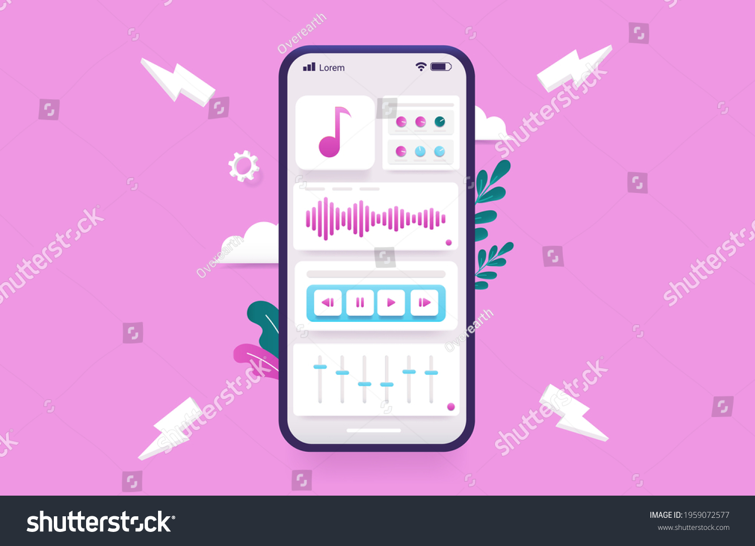SVG of Creating music on smartphone - Mobile phone with audio production app and pink background. Vector illustration. svg
