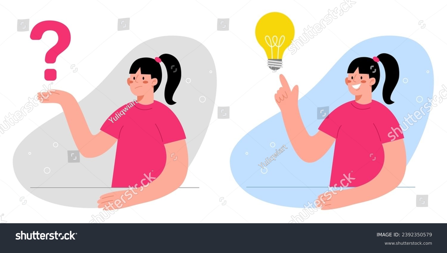 SVG of Creating new brilliant ideas, creativity and thought process to solve work issues, new knowledge for great success, brainstorming for genegation innovation, women with question mark and light bulb. svg