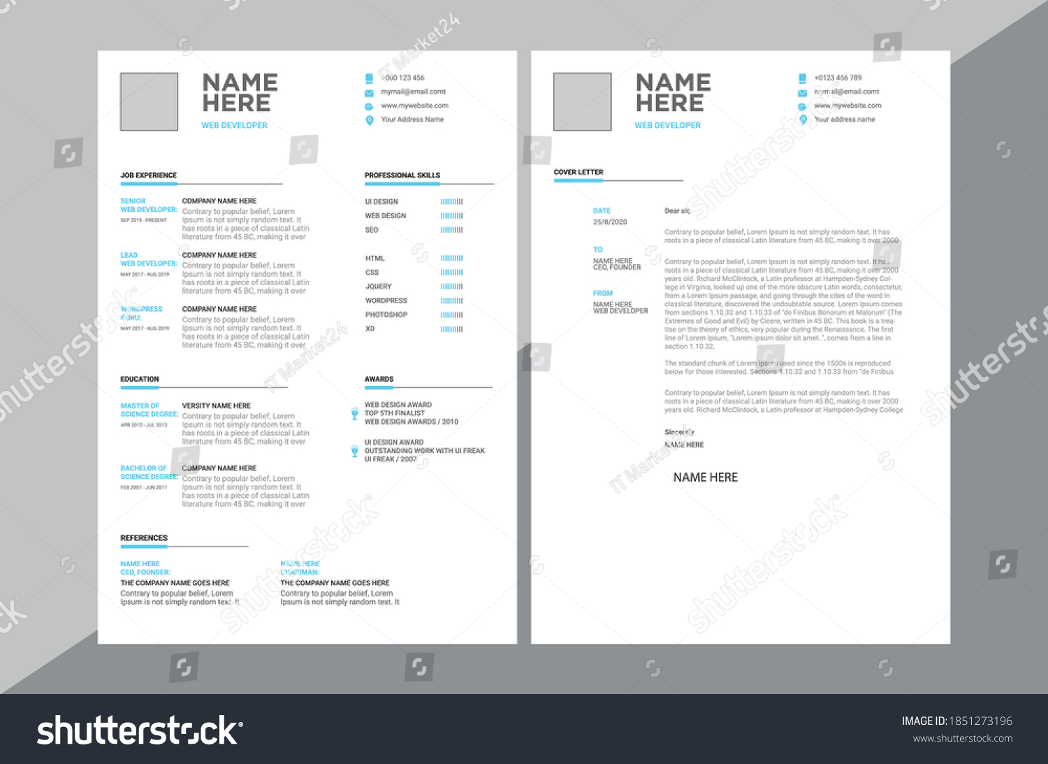 Creative Cv Resume Template Stock Vector (Royalty Free) 1851273196 ...