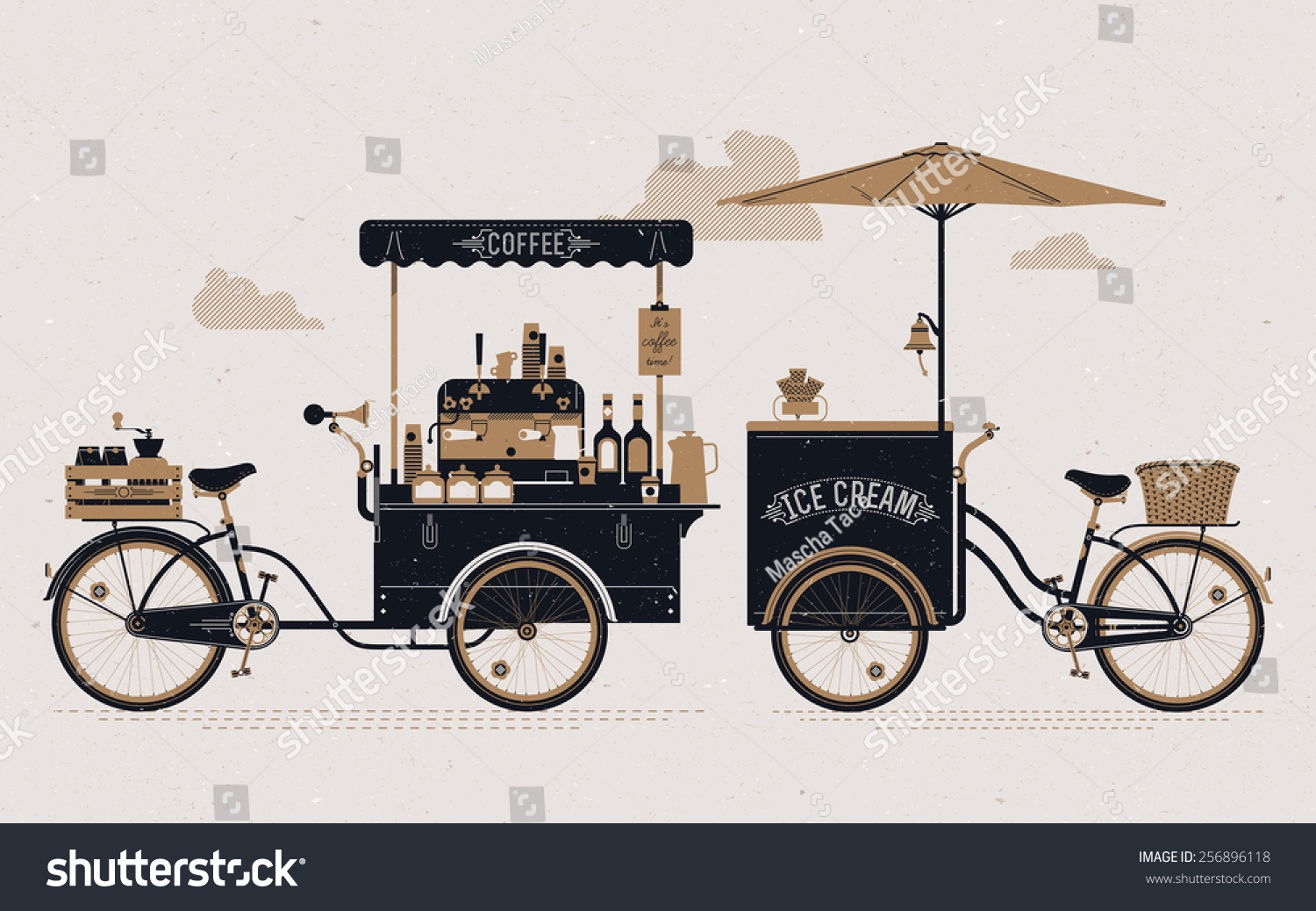 SVG of Creative detailed vector street coffee and ice cream vending bicycle carts  with espresso machine, sirup bottles, wooden crate on rear rack, disposable cups and more. Subtle rough paper texture svg