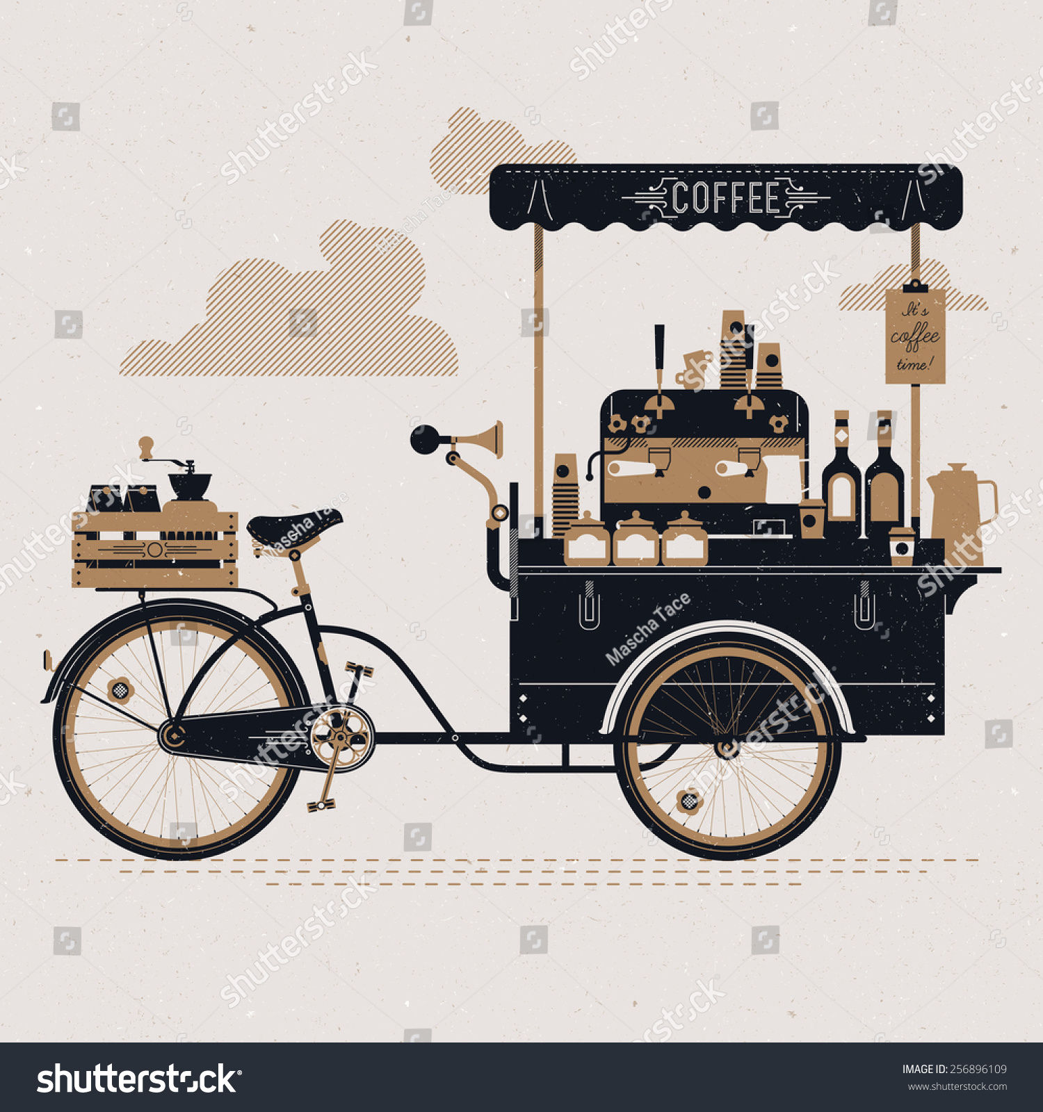 SVG of Creative detailed vector street coffee bicycle cart three colored design element with espresso machine, syrup bottles, wooden crate on rear rack, disposable cups and more. Subtle rough paper texture svg