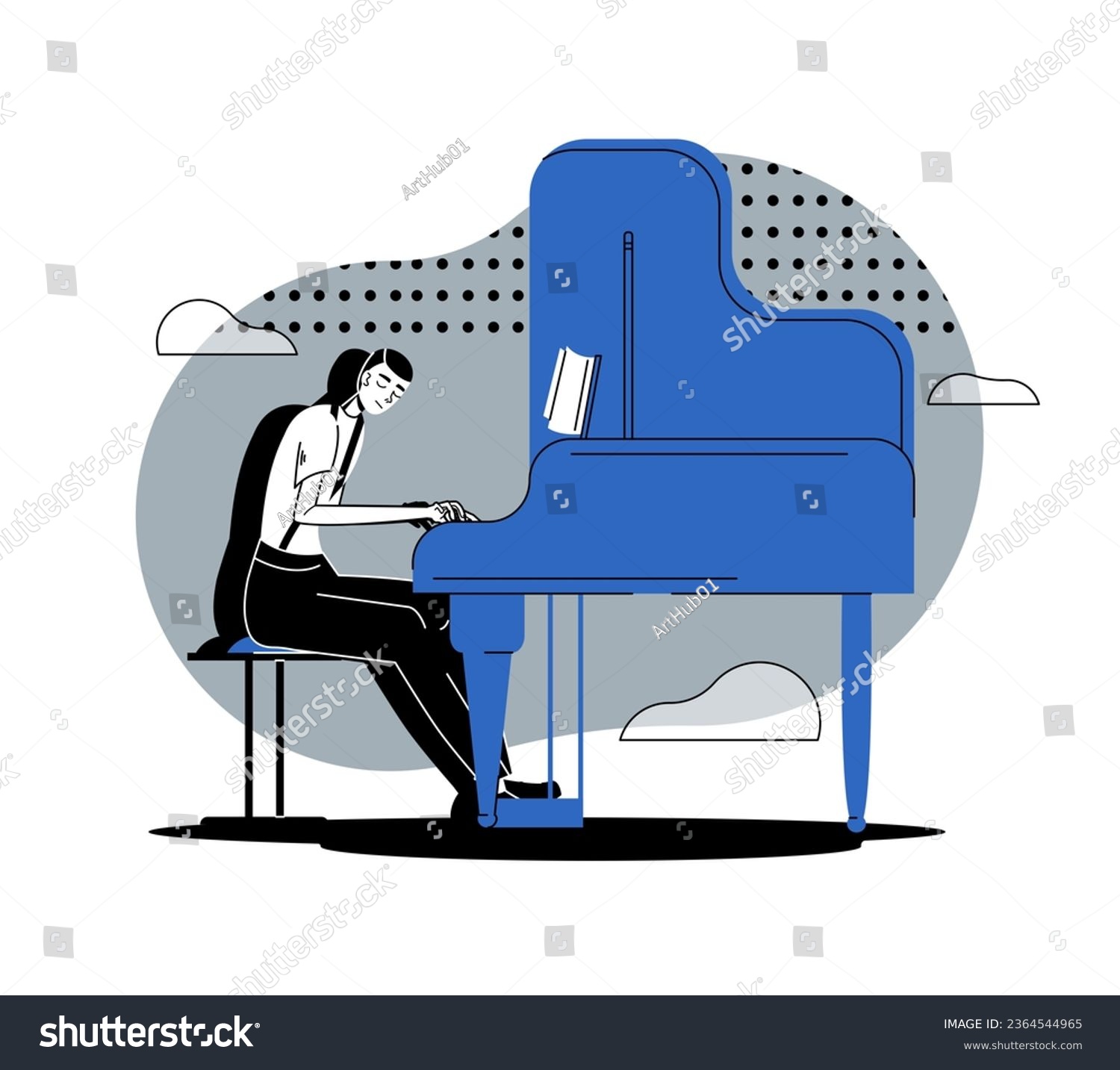 SVG of Creative pianist playing piano. Concept of creating music, hobby. Young and creative musician performing on stage. Flat vector illustration in cartoon style svg