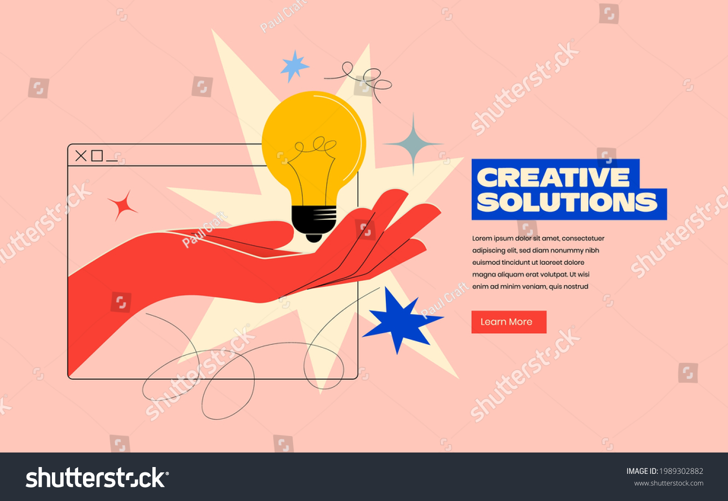 SVG of Creative solutions or ideas web banner design or landing page template for creative agency with hand comes out of the screen with light bulb and colorful abstract geometric shapes. Vector illustration svg