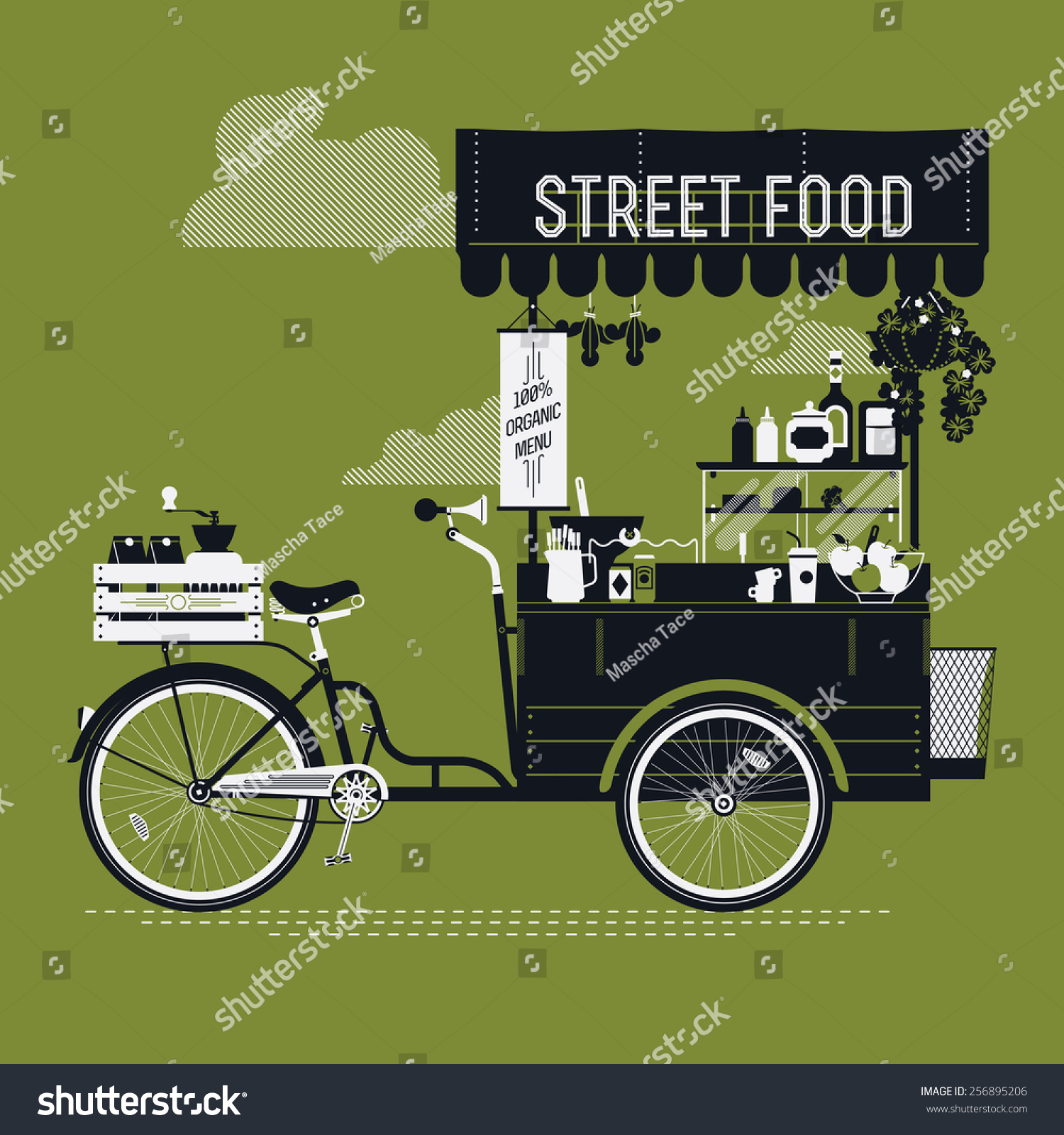 SVG of Creative vector detailed graphic design on street food with retro looking vending bicycle cart with awning, refreshments, bowls, bottles, wooden crate on rear rack and more | Mobile cafe illustration svg