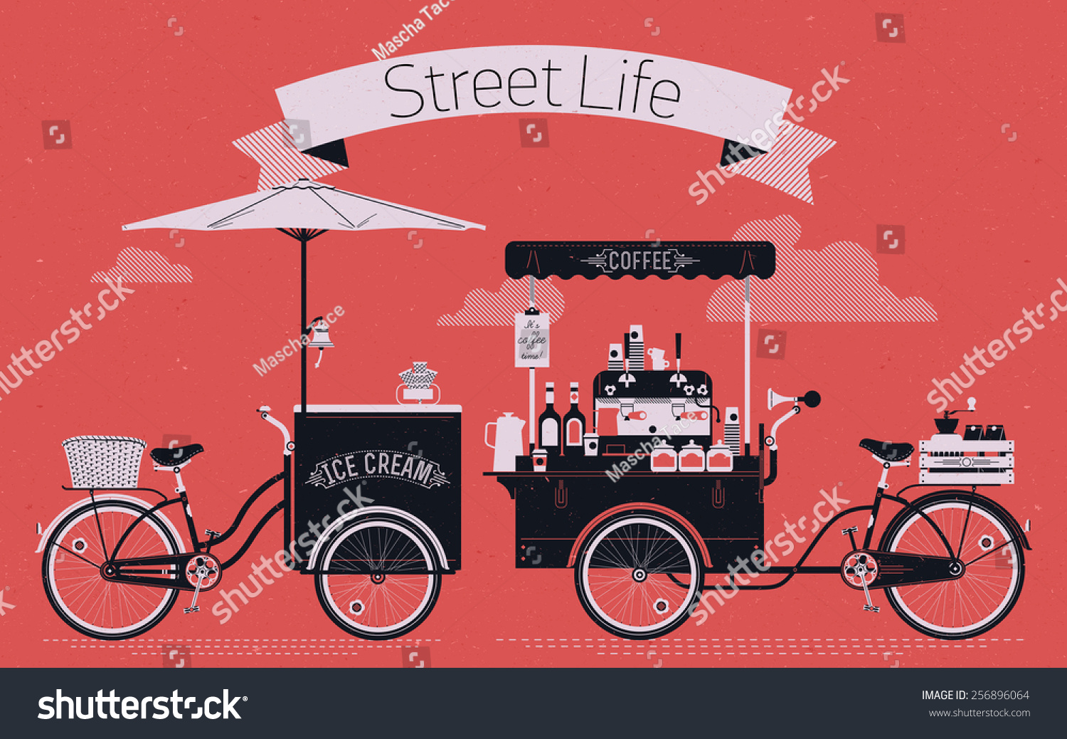 SVG of Creative vector detailed graphic design on street life with coffee and ice cream vending bicycle carts with espresso machine, sirup bottles, disposable cups and more. Subtle rough paper texture svg