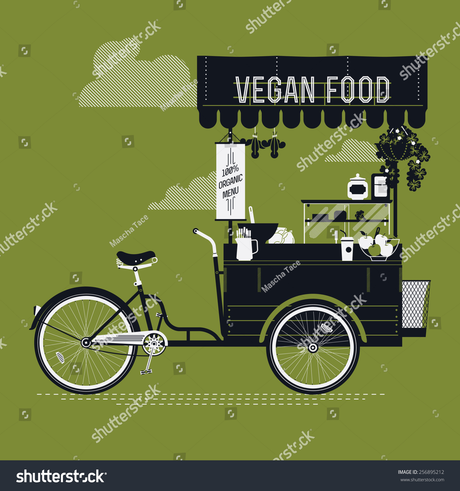 SVG of Creative vector detailed graphic design on vegan food with retro looking vending bicycle cart with awning, refreshments, bowls, bottles, wooden crate on rear rack and more | Mobile cafe illustration svg