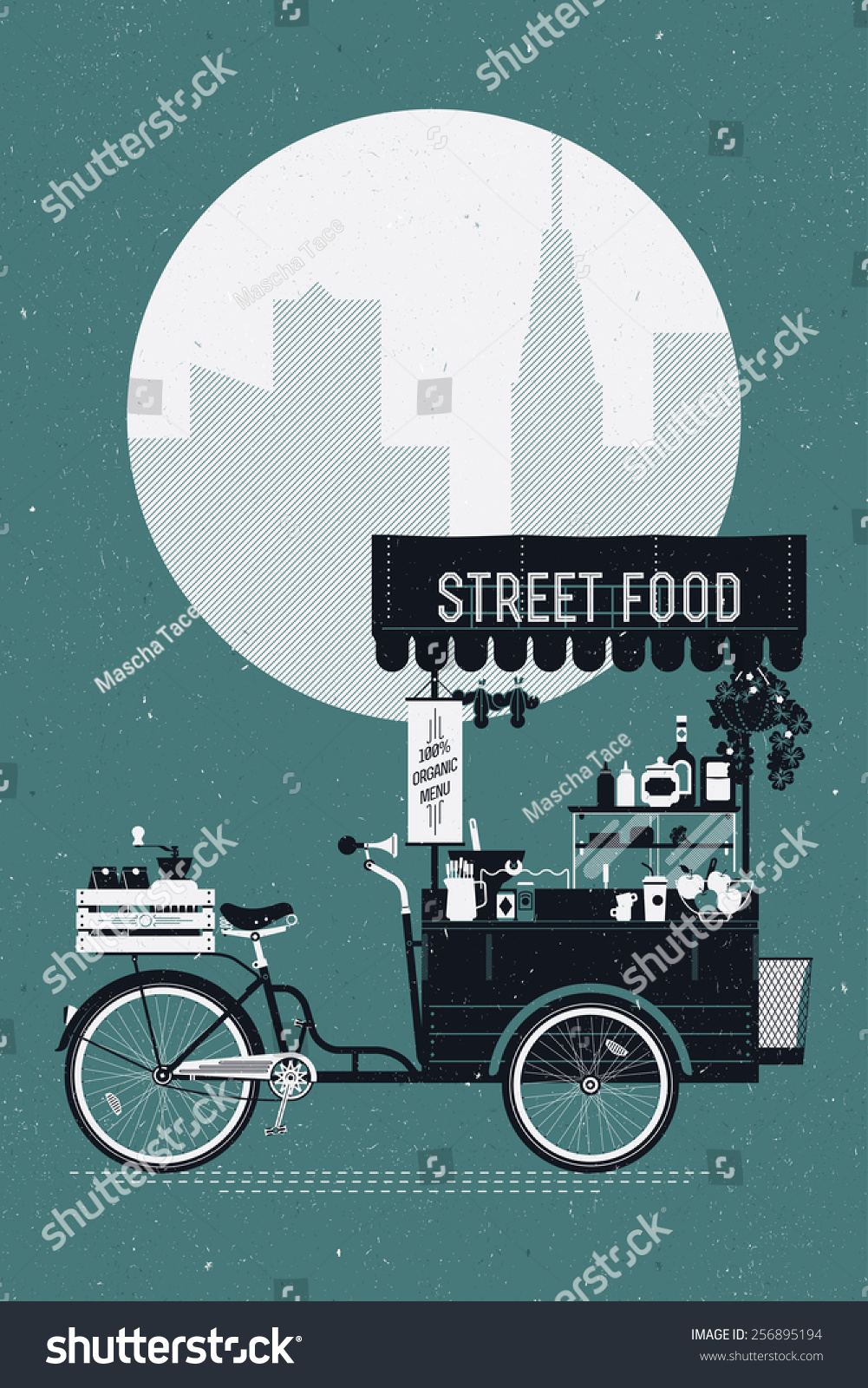SVG of Creative vector detailed printable poster or banner template on street food with retro looking vending bicycle cart with awning on abstract city silhouette background svg