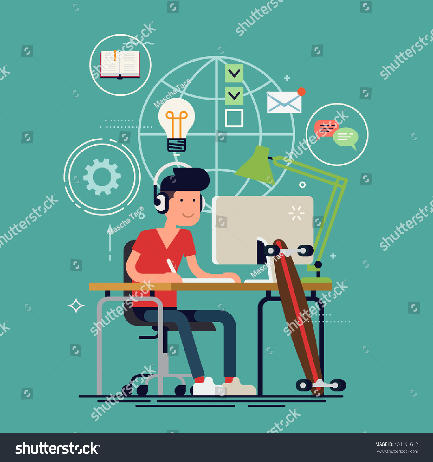SVG of Creative work concept vector background with young adult man working on idea behind his desk listening music wearing headphones with creative process icons on background. Designer at work illustration svg