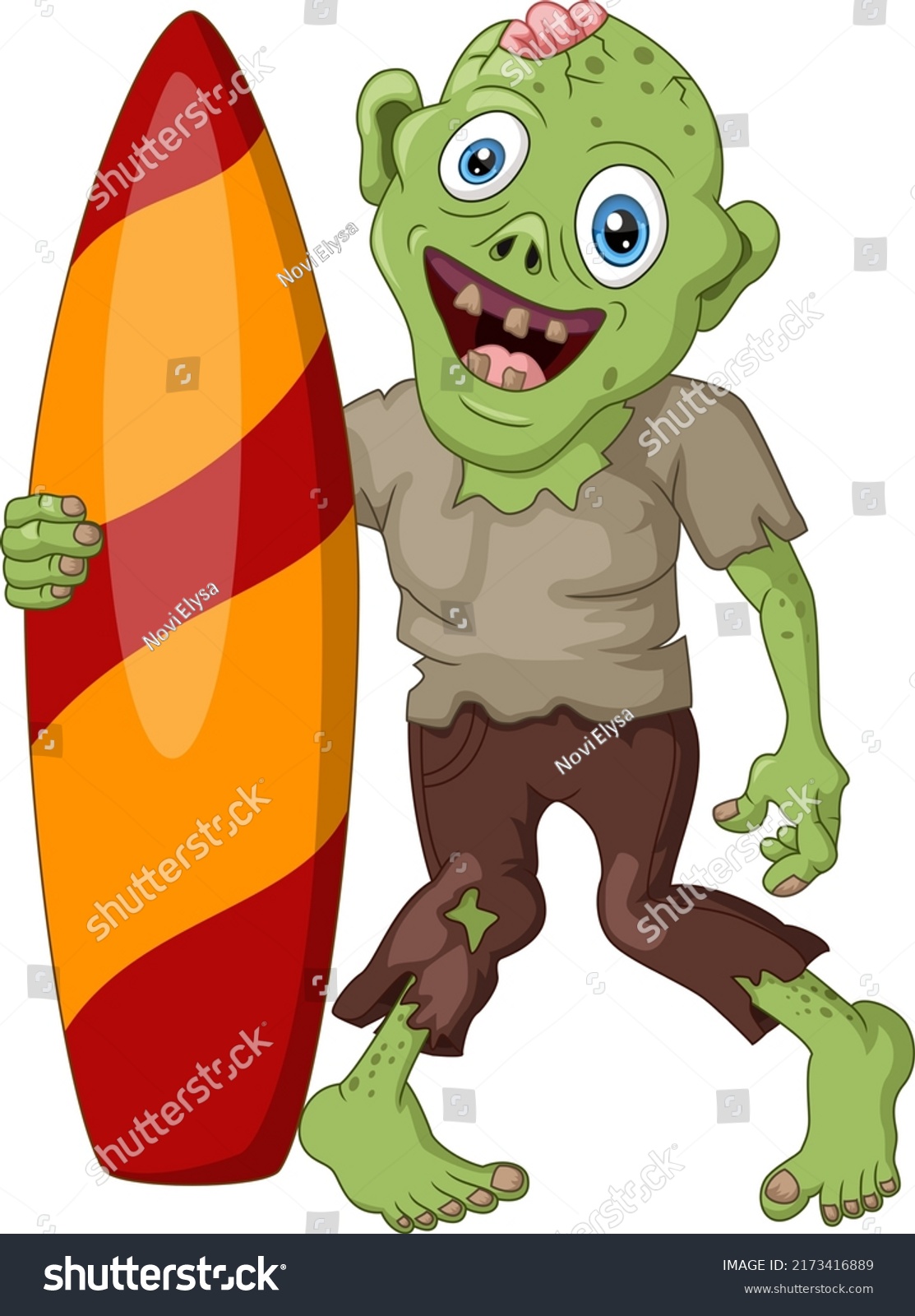 SVG of Creepy zombie cartoon holding a surfboard svg