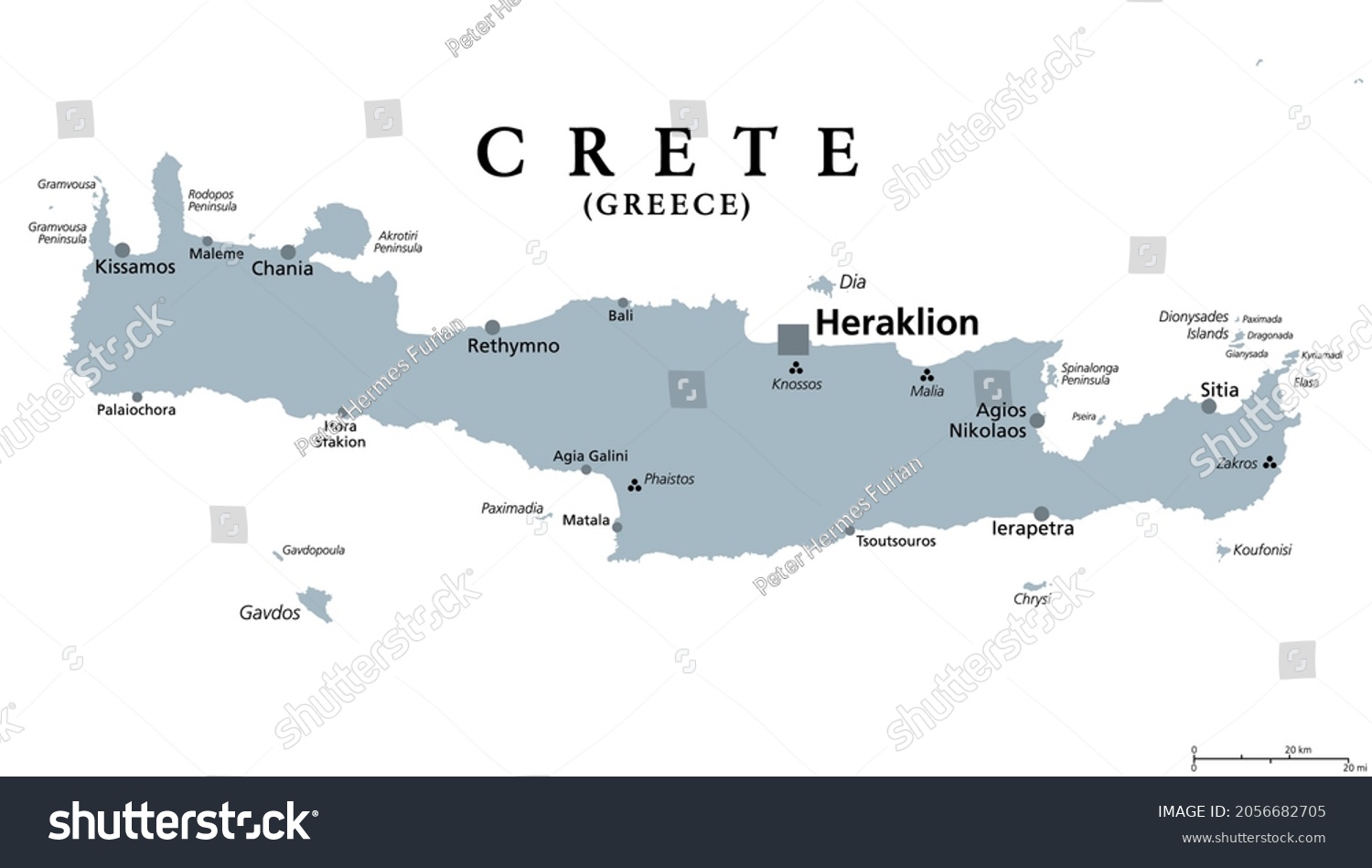 SVG of Crete, Greek island, gray political map, with capital Heraklion. Largest island of Greece and fifth largest in the Mediterranean Sea. With major Minoan settlements Knossos, Phaistos, Malia and Zakros. svg