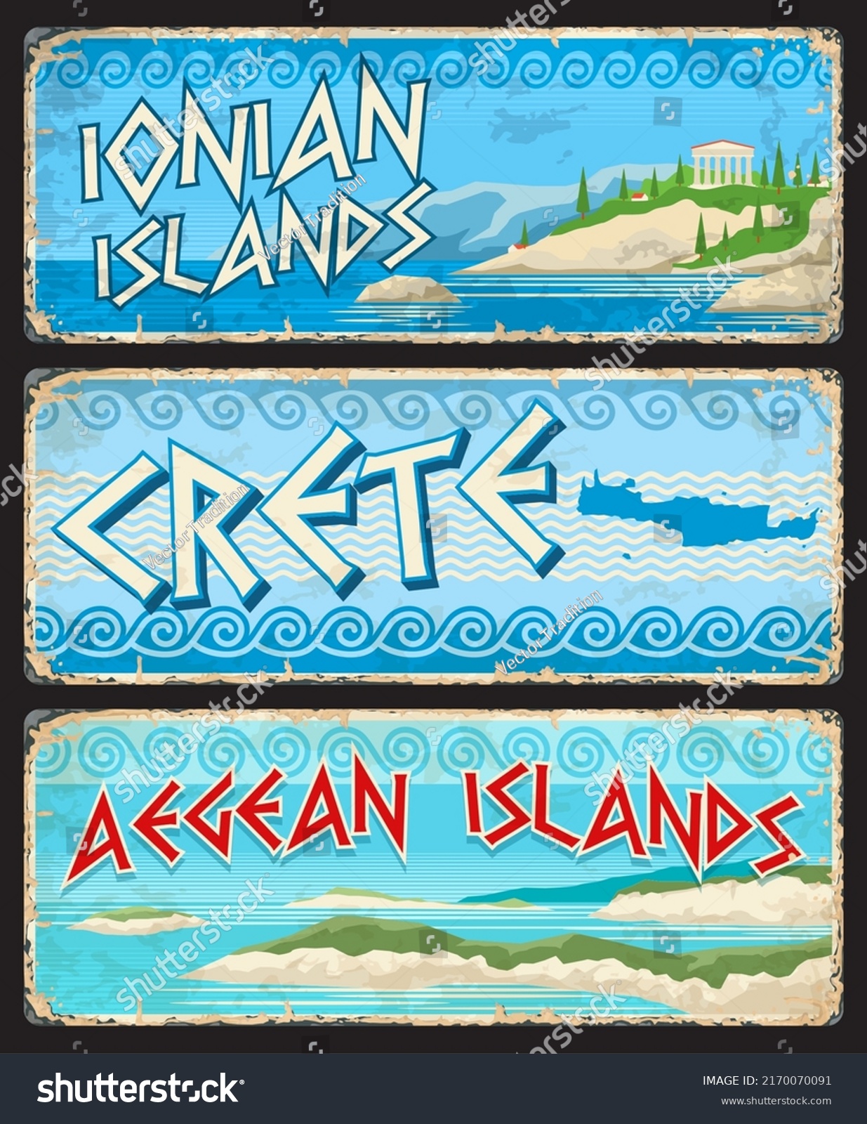 SVG of Crete, Ionian and Aegean islands, Greek regions travel stickers and plates, vector tin signs. Greece vintage tourist luggage tags with Greek provinces landmarks and region emblems on metal plates svg