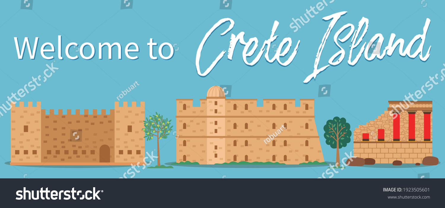 SVG of Crete island invitation card vector illustration. Traditional ancient historical buildings. Medieval fortress with towers and walls. Dilapidated castle with columns. Divine constructions made of stone svg