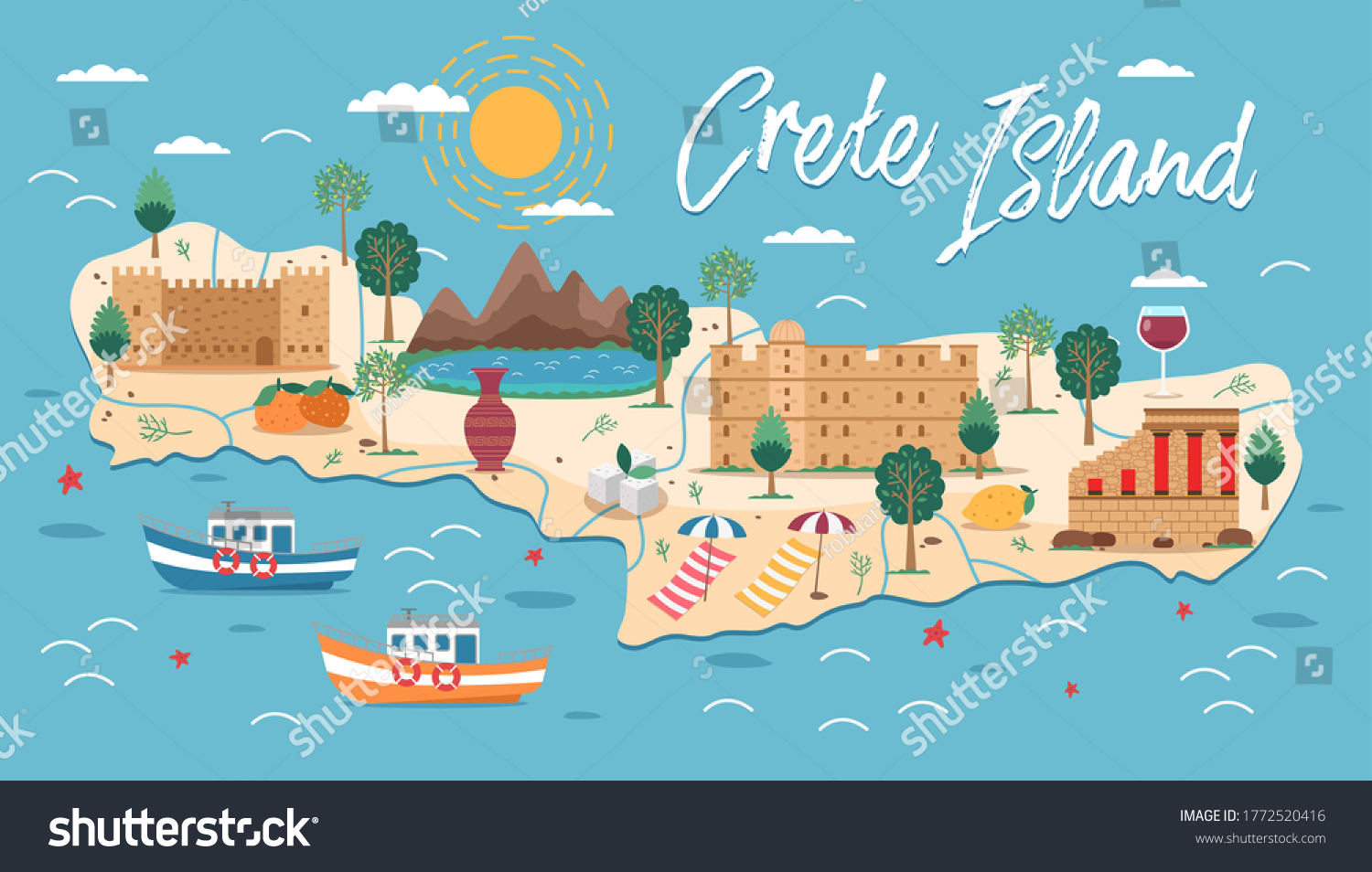 SVG of Crete island map with architecture illustration. Crete famous landmarks, city sights. Greece beach landscape. Bay of Chania, Heraklion. Greece Knossos Palace ceremonial and political centre of Minoan svg