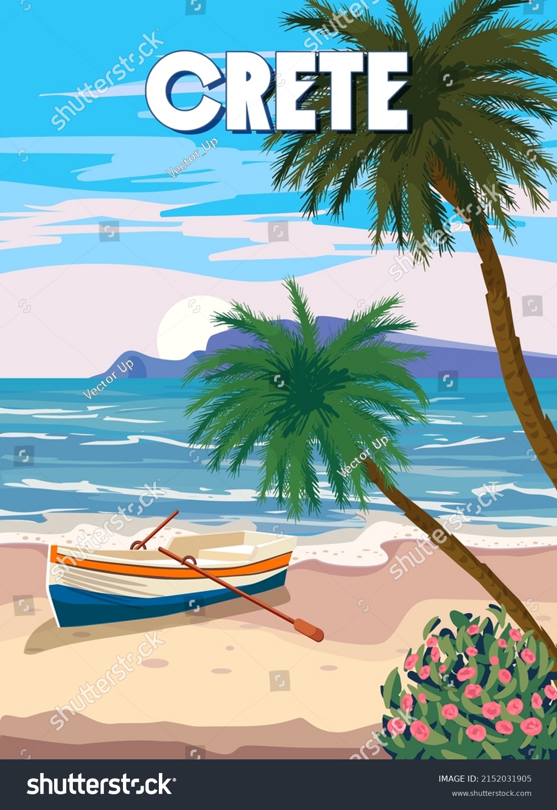 SVG of Crete Poster Travel, Greek seascape, beach, palms, boat, poster, Mediterranean landscape. Vintage style svg