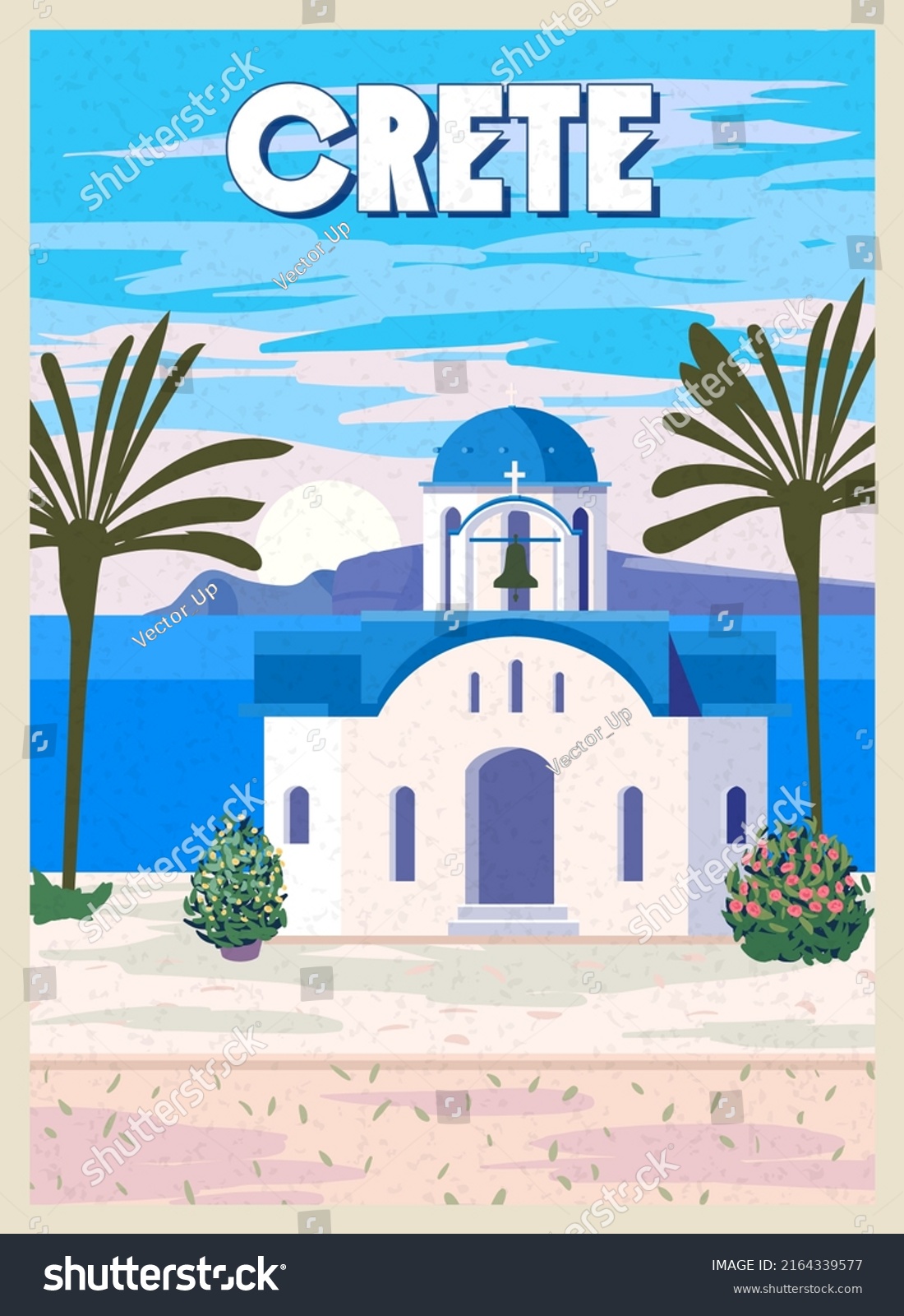 SVG of Crete Poster Travel, Greek white church with blue roofs, poster, old Mediterranean European culture and architecture svg