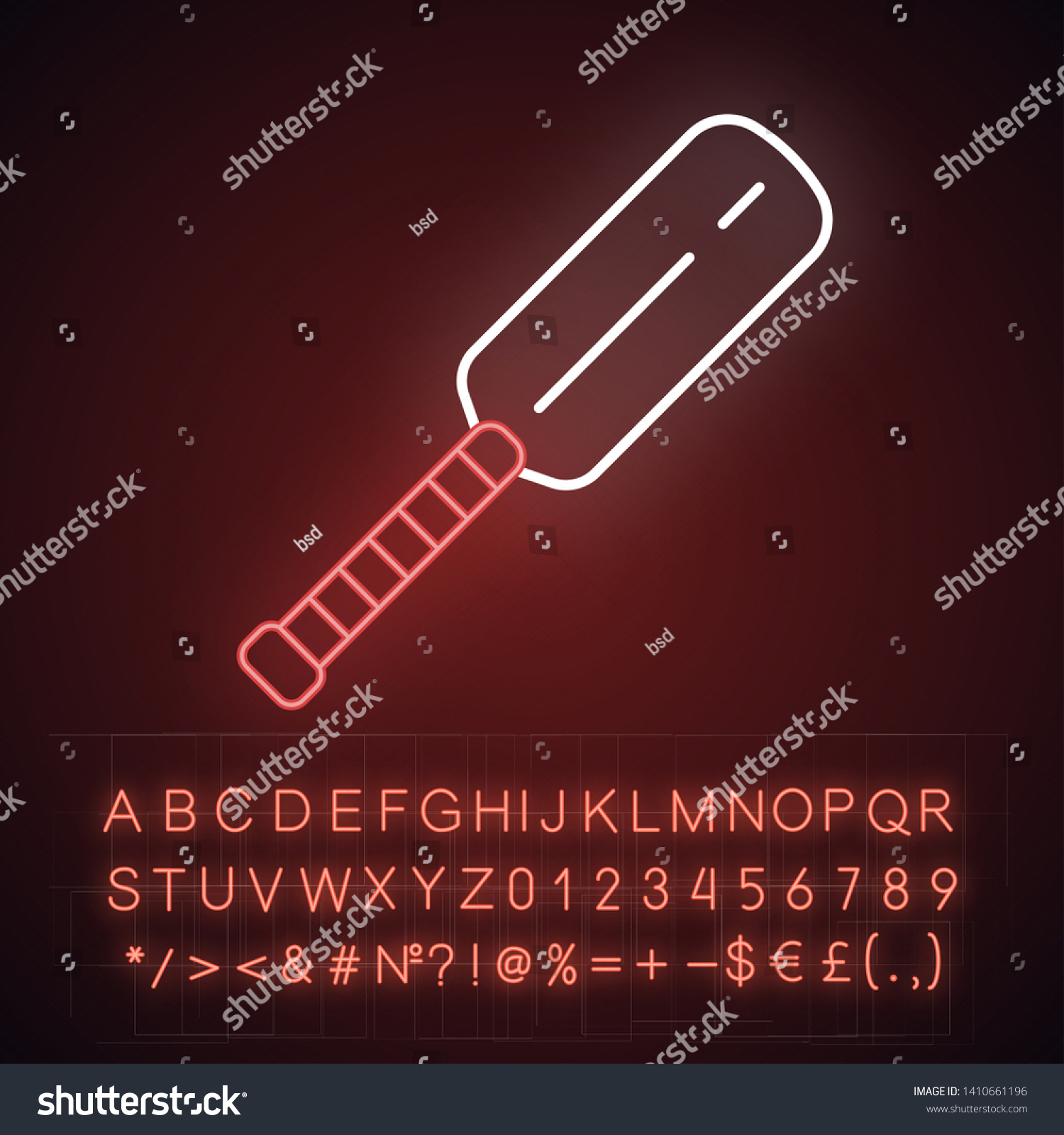 SVG of Cricket bat neon light icon. Equipment for batsmen. Wooden flat block with long handle. Sports accessory. Game gear. Glowing sign with alphabet, numbers and symbols. Vector isolated illustration svg