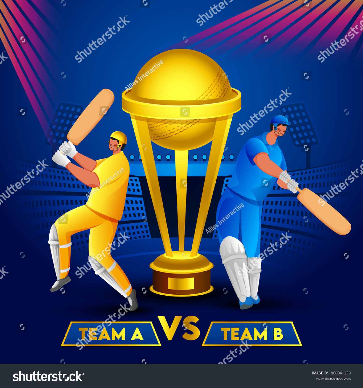 SVG of Cricket Batsmen of Team A and Team B and Golden Trophy Cup on Blue Stadium Background. Can Be Used As Poster Design. svg