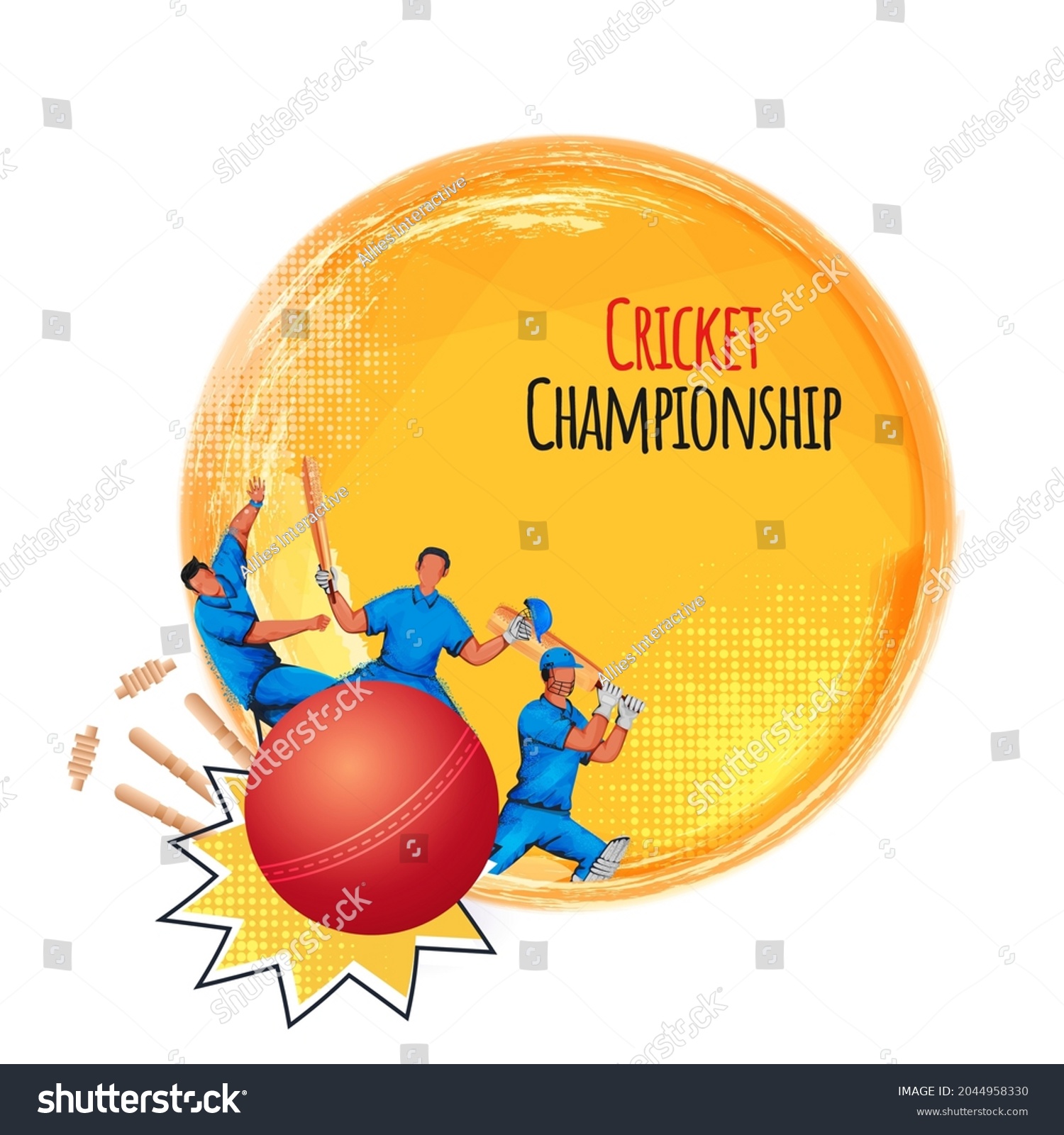 SVG of Cricket Championship Concept With Faceless Batsmen, Bowler Players And Orange Brush Halftone Effect On White Background. svg