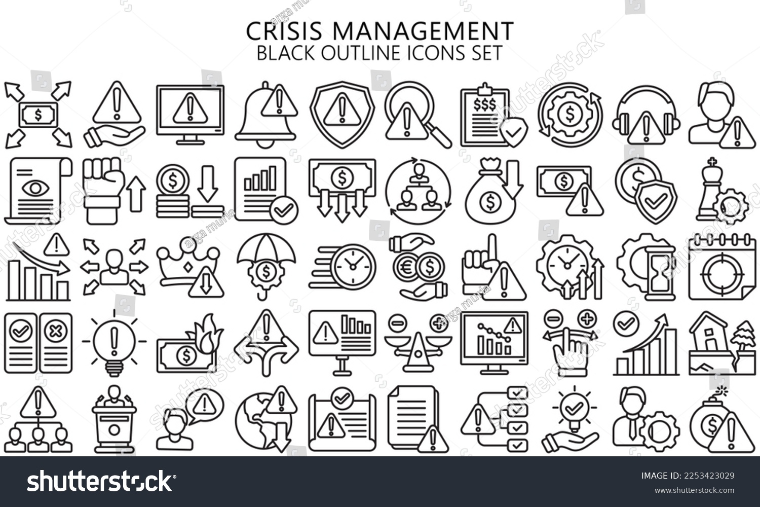 SVG of crisis management black outline icons set. contain finance, business, document, warning, money and more. Vector EPS 10 ready convert to SVG. use for modern concept, UI or UX kit, web and app svg