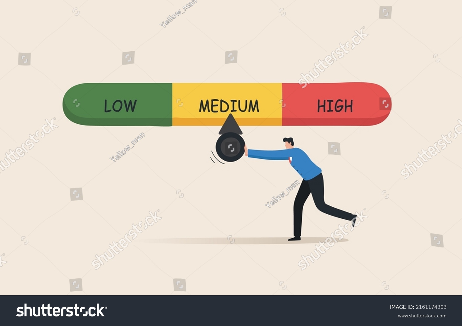 SVG of Crisis risk gauge. Risk stock, Finance, economy, inflation. Investment risk. Financial or business risk management.  Businessman tries to push the needle lower. svg