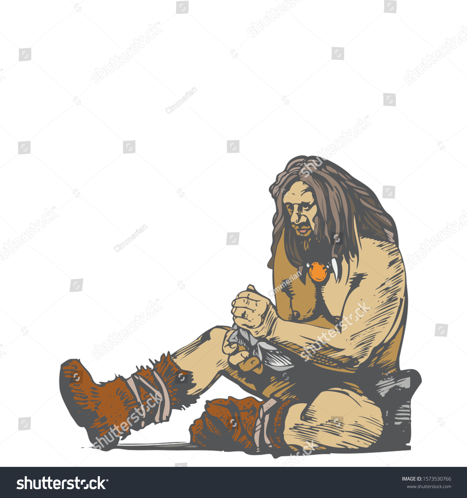 SVG of Cro-Magnon, ancient man makes fire. Sitting man isolated on white background. Vector illustration svg