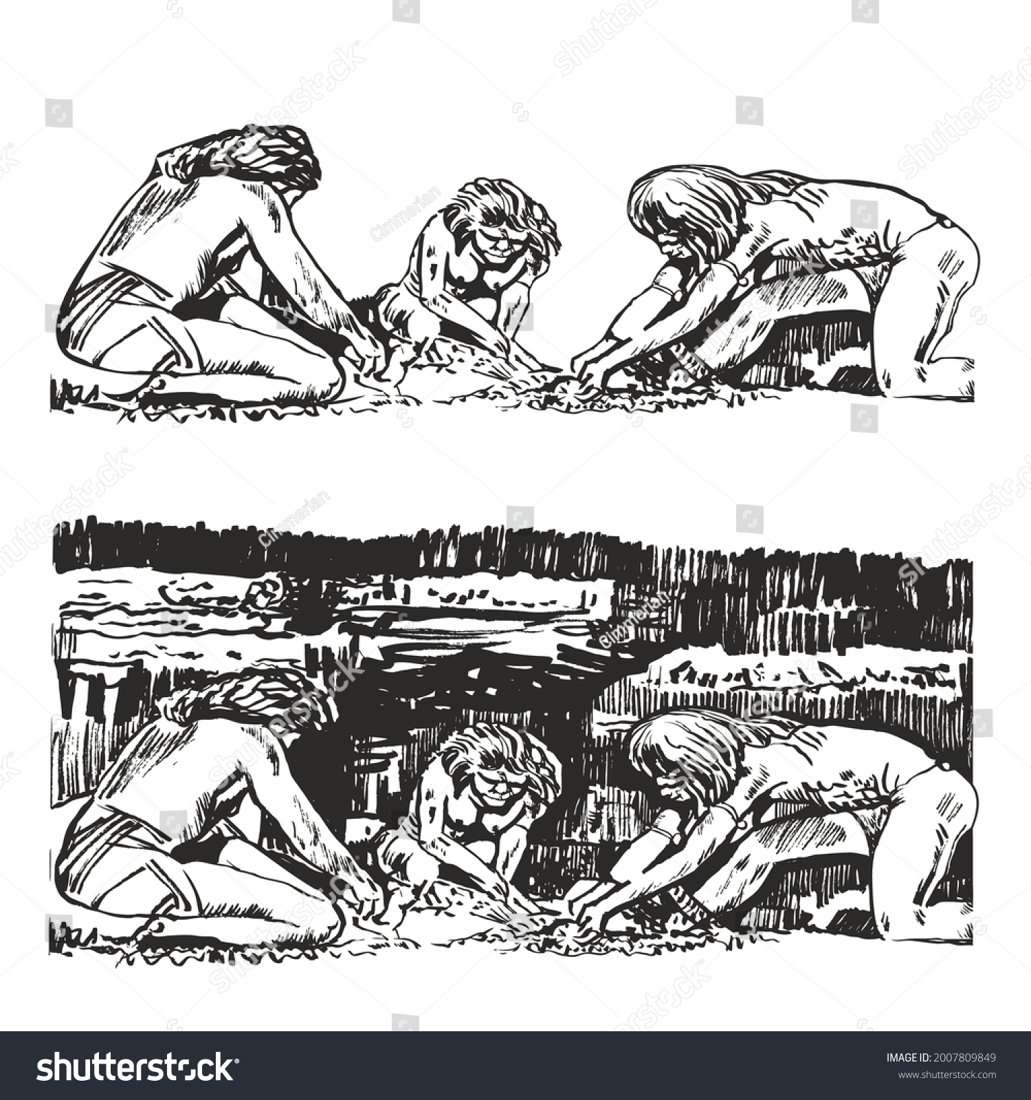 SVG of Cro-Magnon (Homo sapiens) man in a cave mined fire. Hand drawn illustration. svg