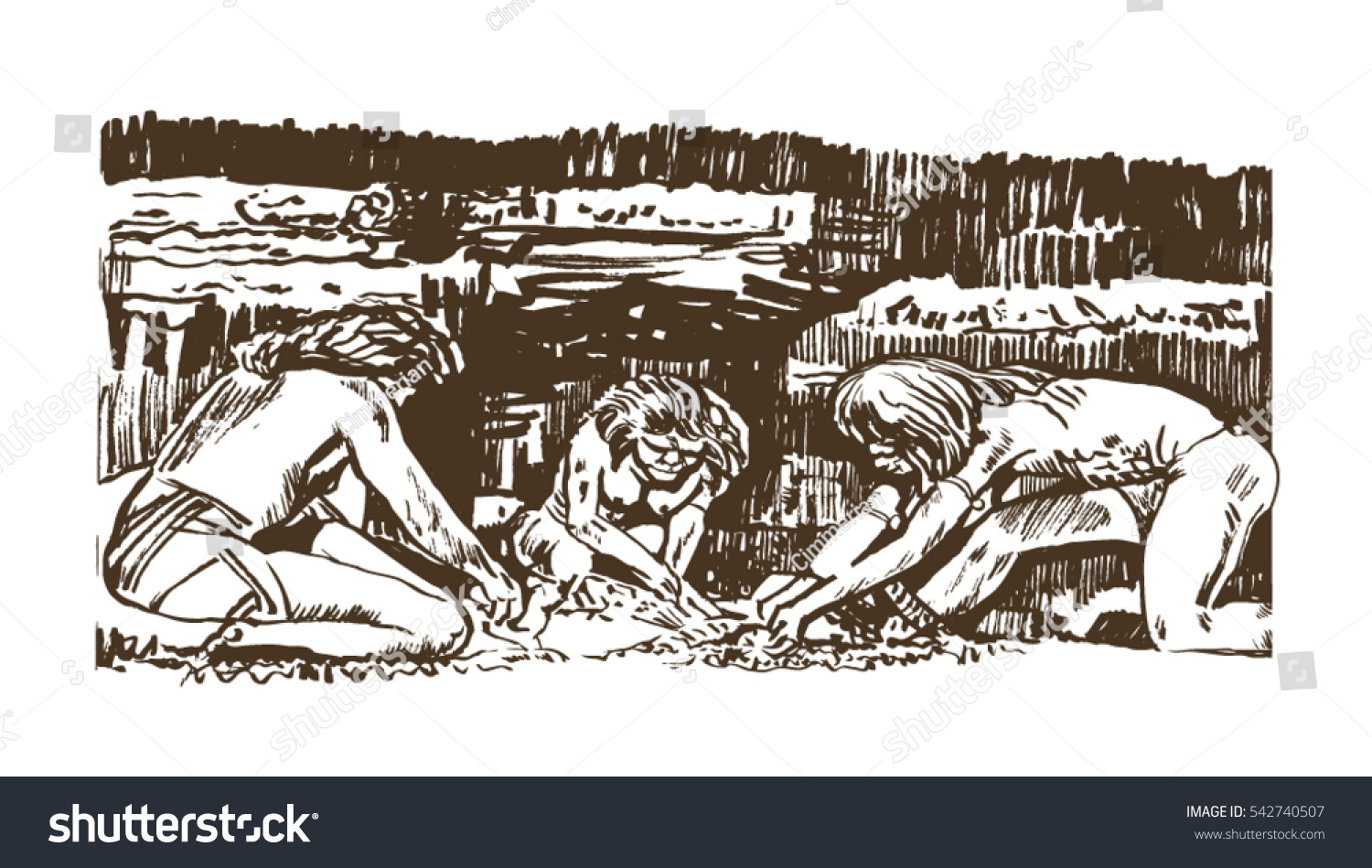 SVG of Cro-Magnon (Homo sapiens) man in a cave mined fire. Hand drawn illustration. svg