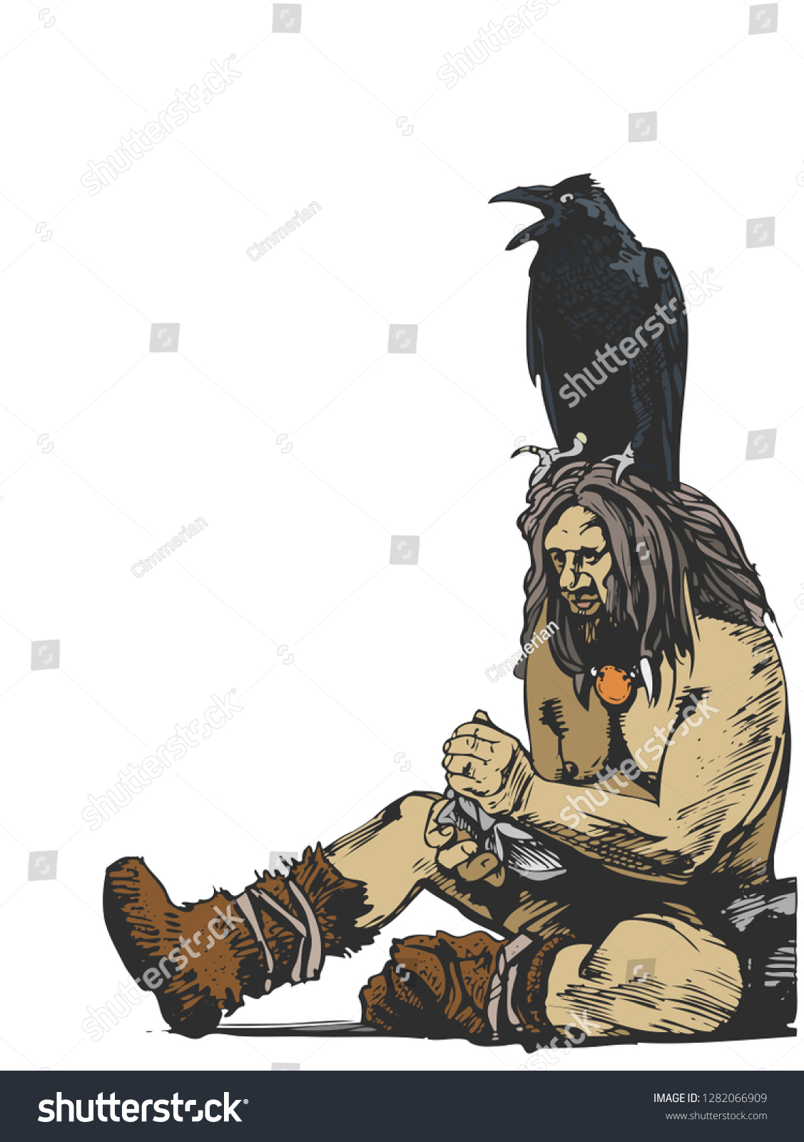 SVG of Cro-Magnon man with crow. Ancient man makes fire. In the same portfolio there is a black and white version. svg