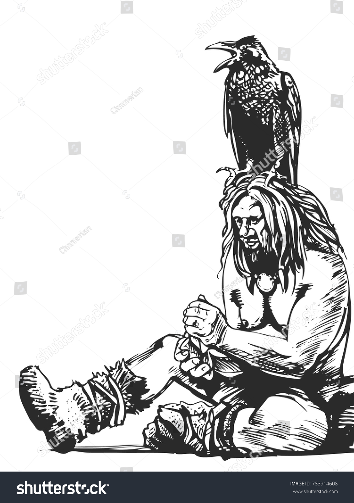 SVG of Cro-Magnon man with crow. Graphic sketch. In the same portfolio there is a color version. svg