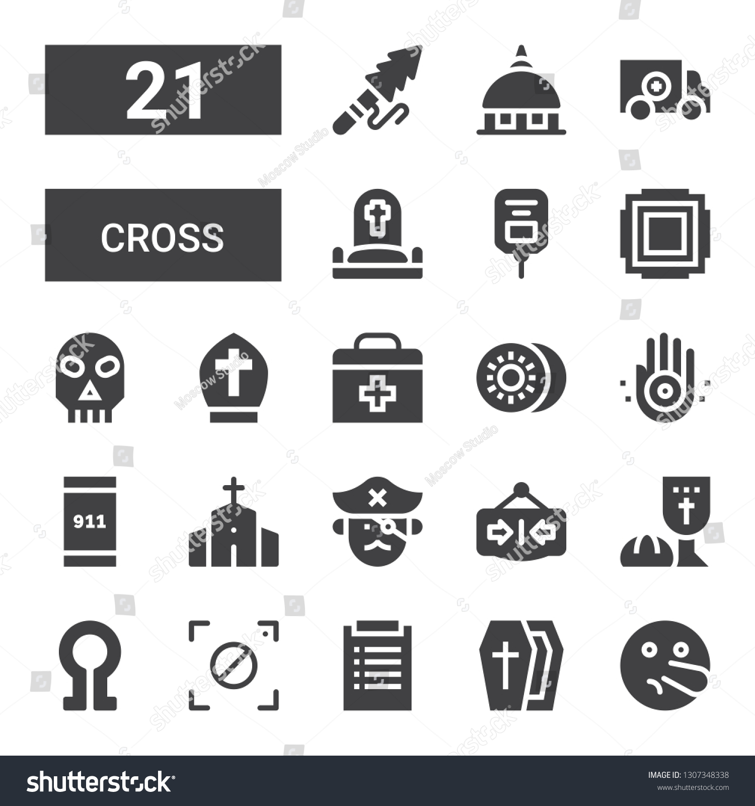 SVG of cross icon set. Collection of 21 filled cross icons included Liar, Coffin, Diagnosis, Focus, Death, Last supper, Close, Pirate, Chapel, Emergency call, Jainism, Kiwi, First aid svg