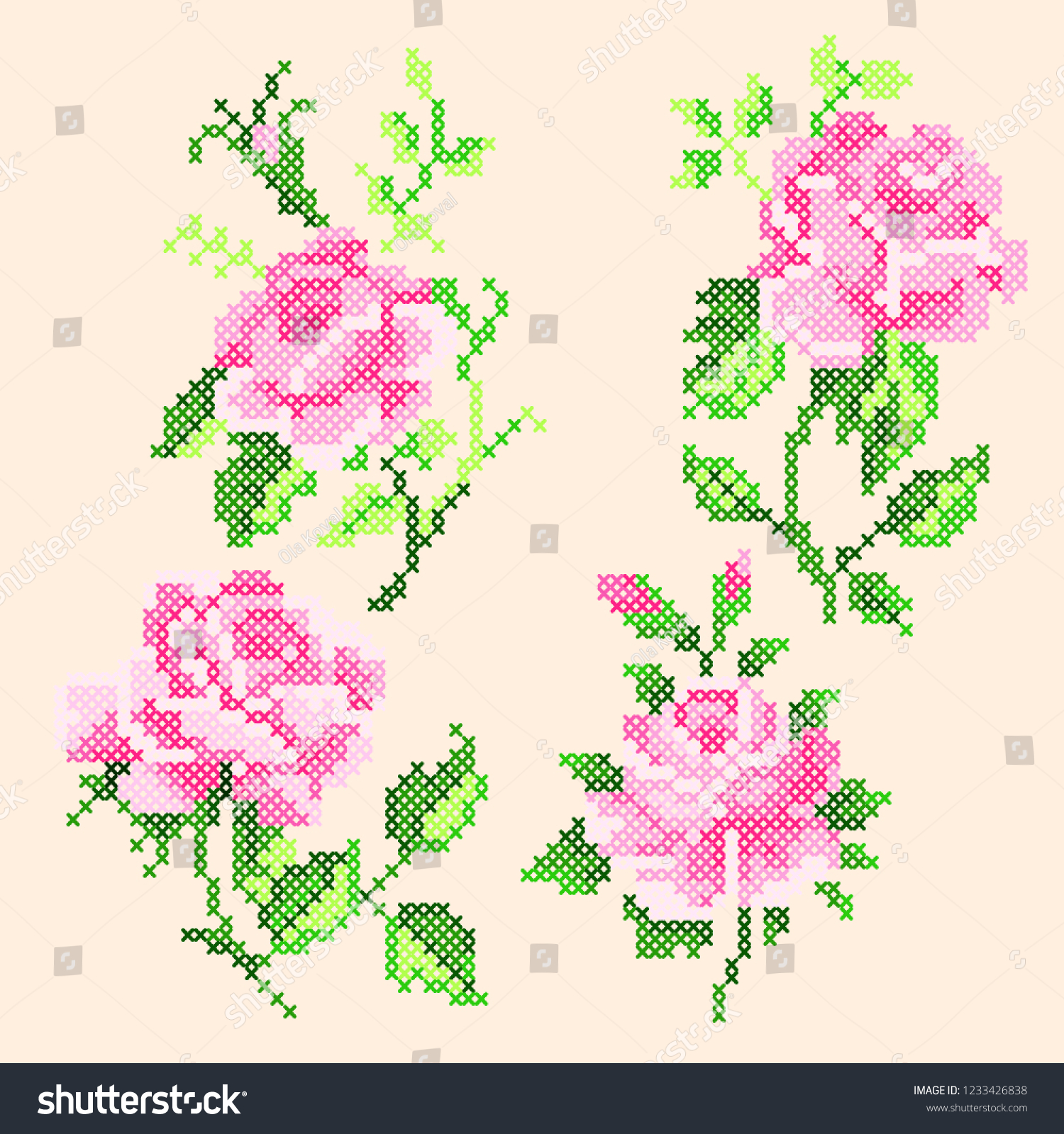 Cross Stitch Pink Roses Stock Vector (Royalty Free) 1233426838