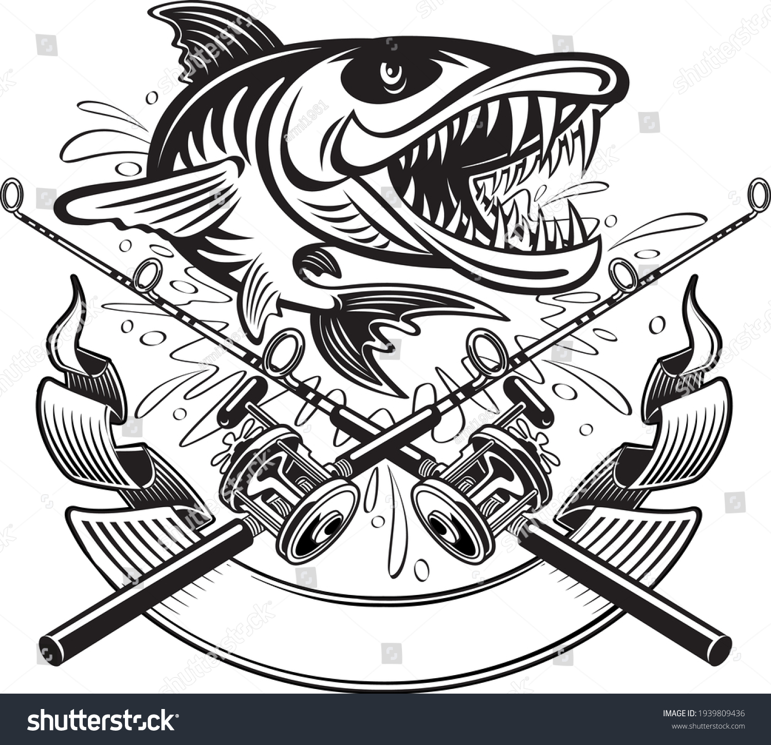 SVG of crossed fishing rod and reels, barracuda and banner
 svg