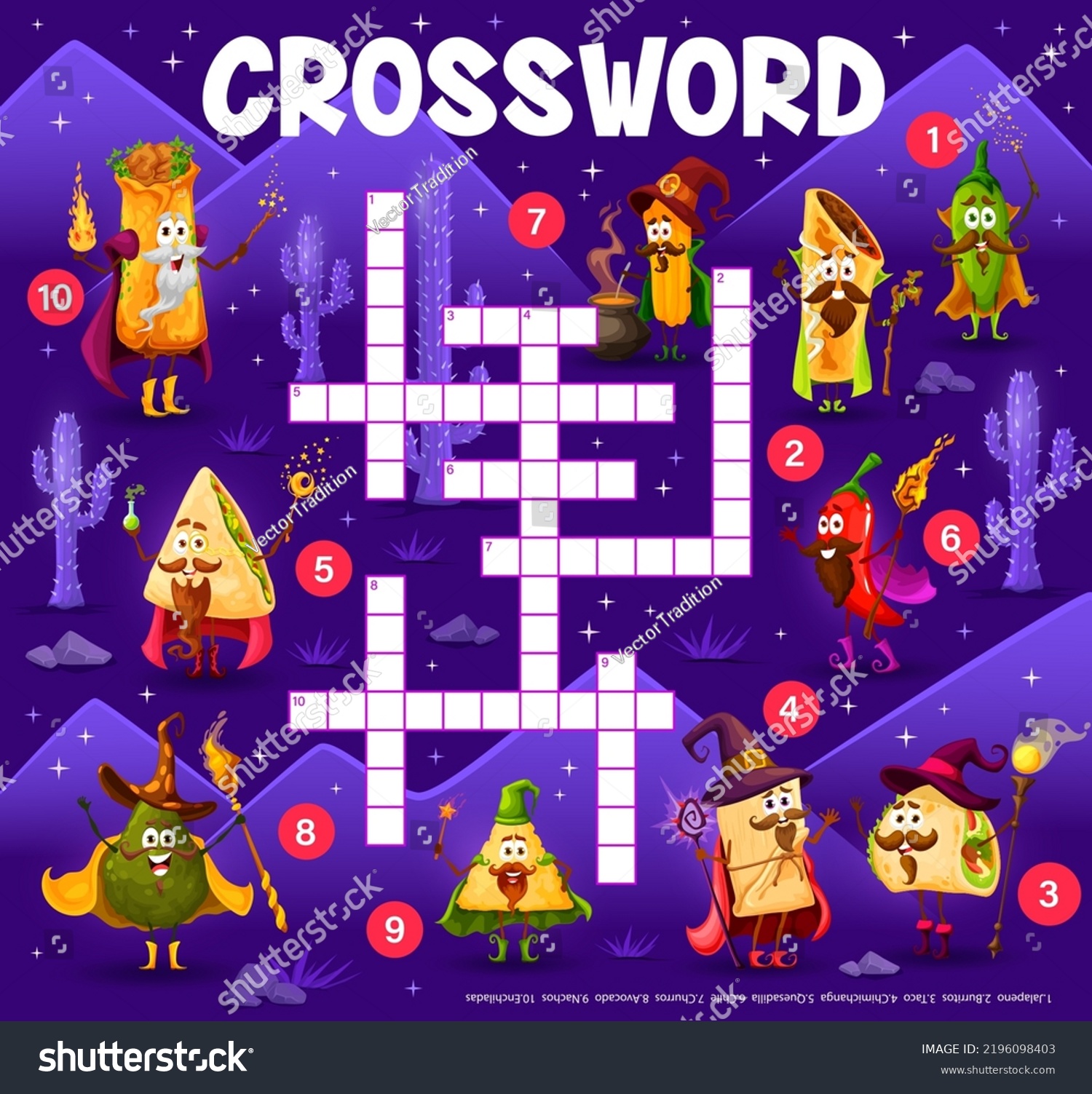 SVG of Crossword grid cartoon tex mex mexican food wizards characters, quiz game. Vector worksheet with tacos, enchiladas, tamales and burrito, churros, quesadilla, chimichanga, jalapeno, nachos and svg