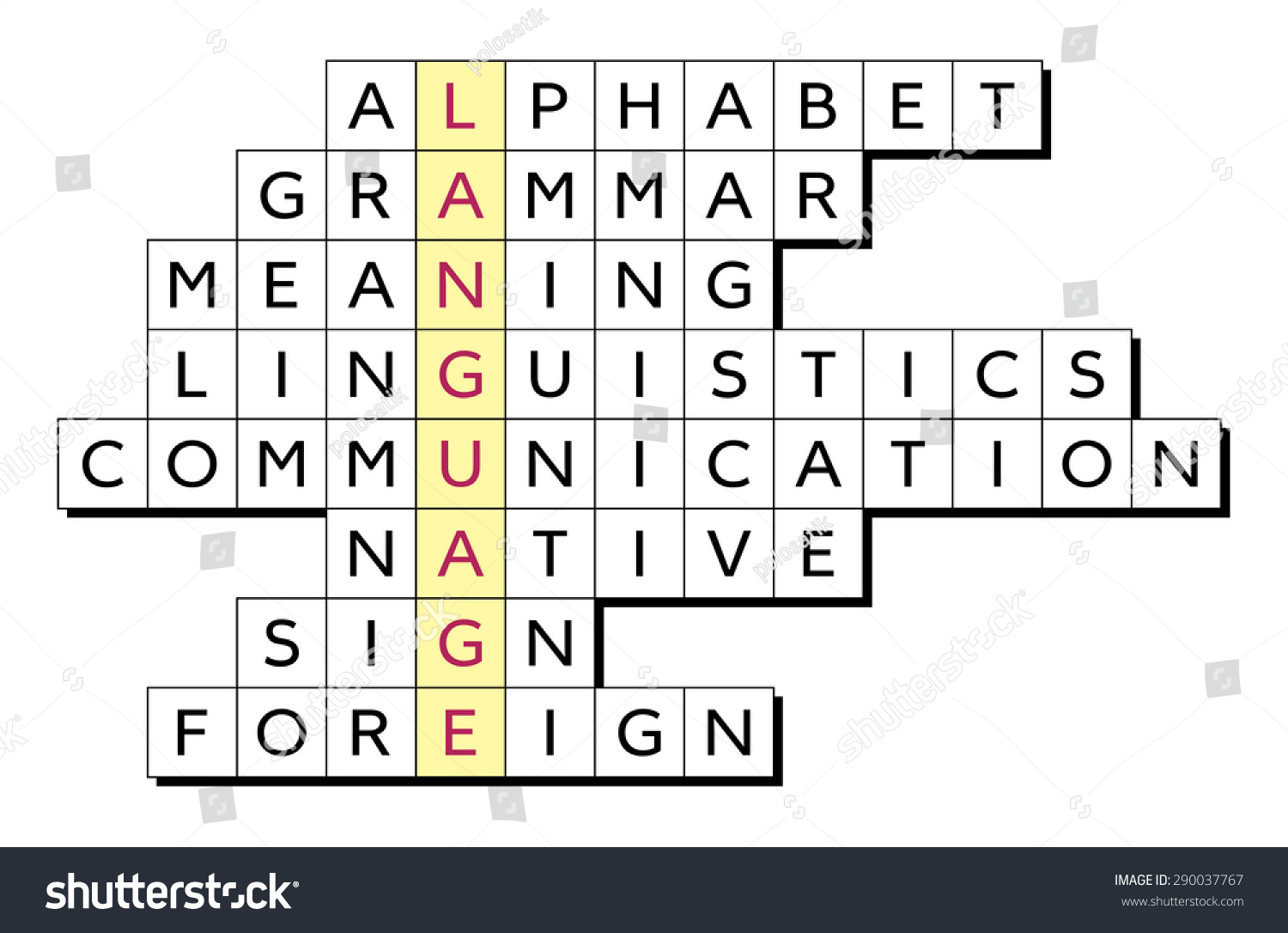 Crossword Puzzle Word Language Highlighted Related Stock Vector Royalty Free 290037767 Shutterstock