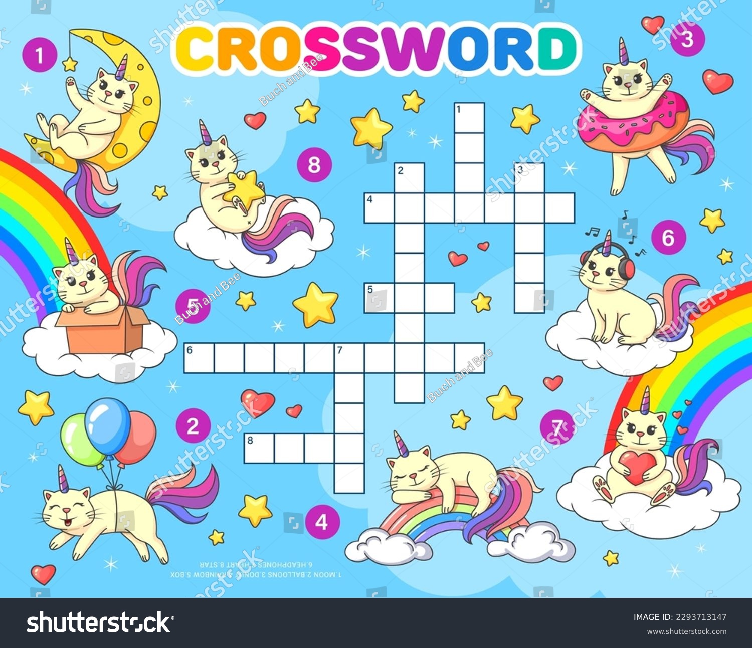 SVG of Crossword quiz game grid. Cartoon funny caticorn cats on rainbow. Vector cross word puzzle worksheet for kids with funny unicorn kittens with moon, balloons, donut and box. Heart, headphones, or stars svg