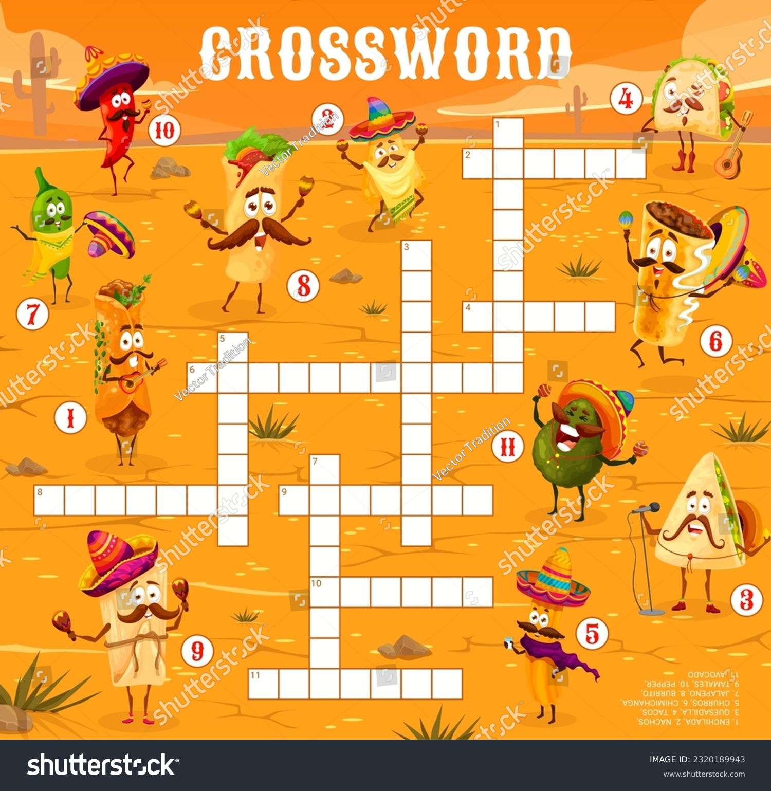 SVG of Crossword quiz game grid with mexican food characters. Find a word vector worksheet with enchilada, nachos, quesadilla, tacos, churros and chimichanga. Jalapeno pepper, burrito, tamales and avocado svg