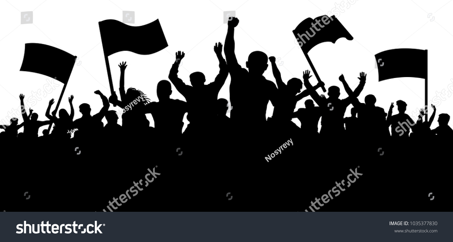 旗やバナーを持つ人々の群れ スポーツ モブ ファン デモ 現れ 抗議 ストライキ 革命 シルエット背景のベクター画像 のベクター画像素材 ロイヤリティフリー