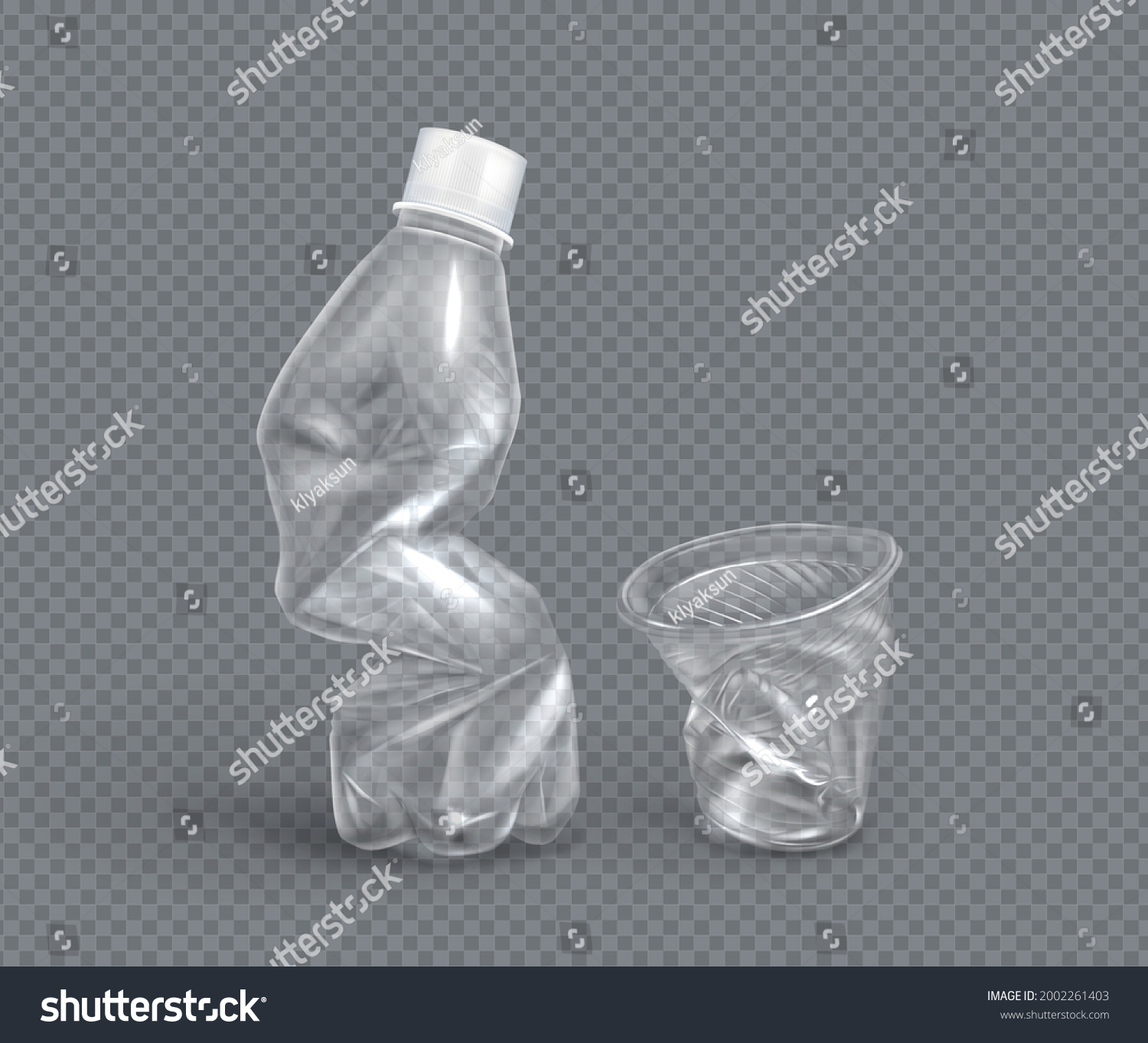 SVG of Crumpled plastic cup and bottle for water, disposable mug and flask. Crumple trash, used empty container for beverages isolated on transparent background, pollution concept, Realistic 3d vector mockup svg