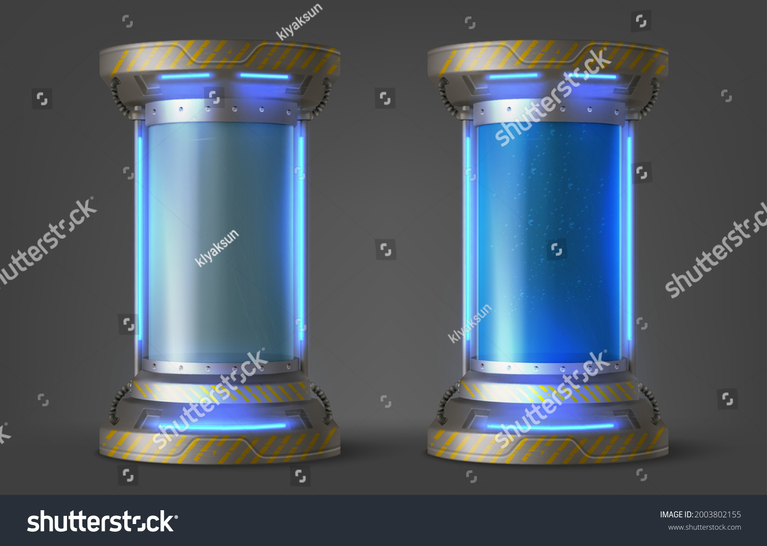 SVG of Cryonics capsules, empty and full futuristic containers, glass tubes with cryogenic liquid for hibernation. Scientific technology camera, Sci-fi laboratory equipment, Realistic 3d vector illustration svg