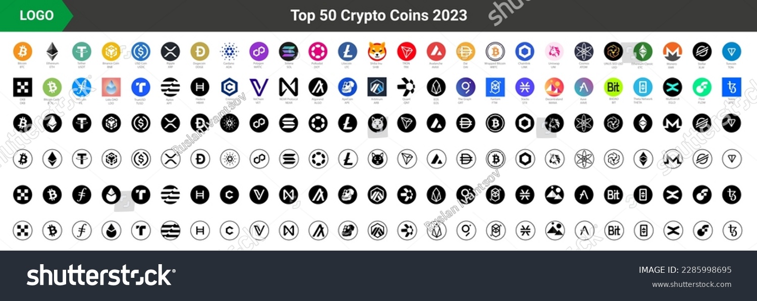 SVG of Crypto coins Logo Set in Market. Trending cryptocurrency. Digital cryptocurrency, DeFi, token icons. Bitcoin, Ethereum, Dogecoin, and more svg
