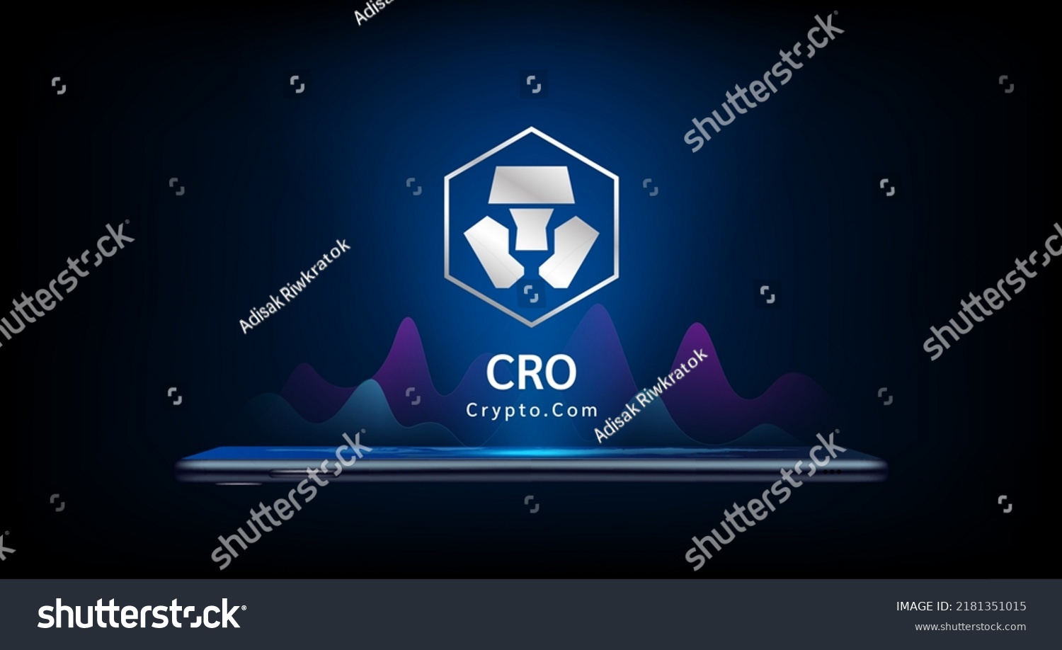 SVG of Crypto.com coin icon crypto currency token symbol come out from smartphone with growth chart. Trading cryptocurrency on application. Financial investment. Banner for website or news. Vector EPS10. svg