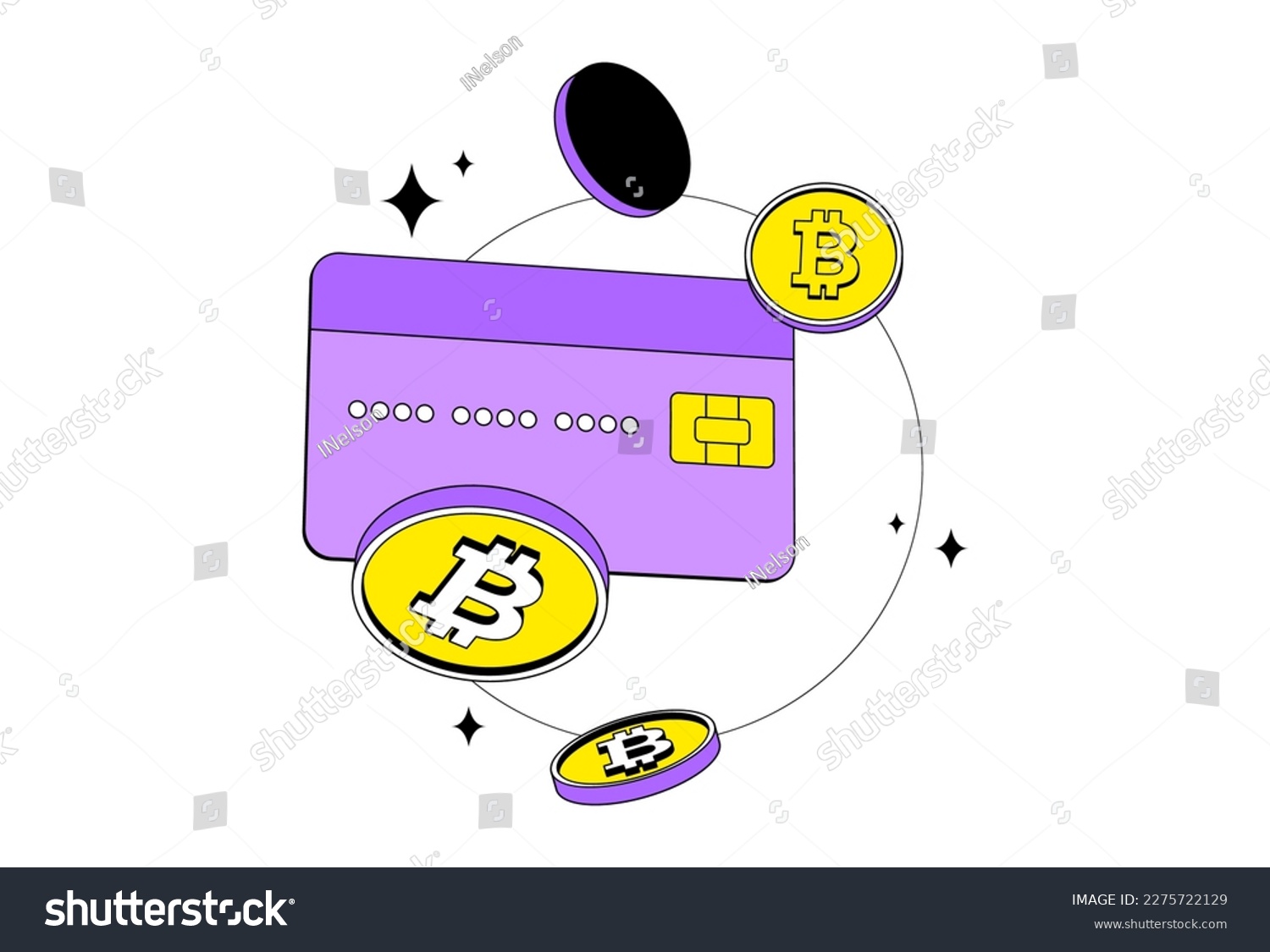 SVG of Crypto credit card with bitcoin. Isolated. Cryptocurrency digital wallet online. Isometric. Coin transfer. Neobrutalism style svg