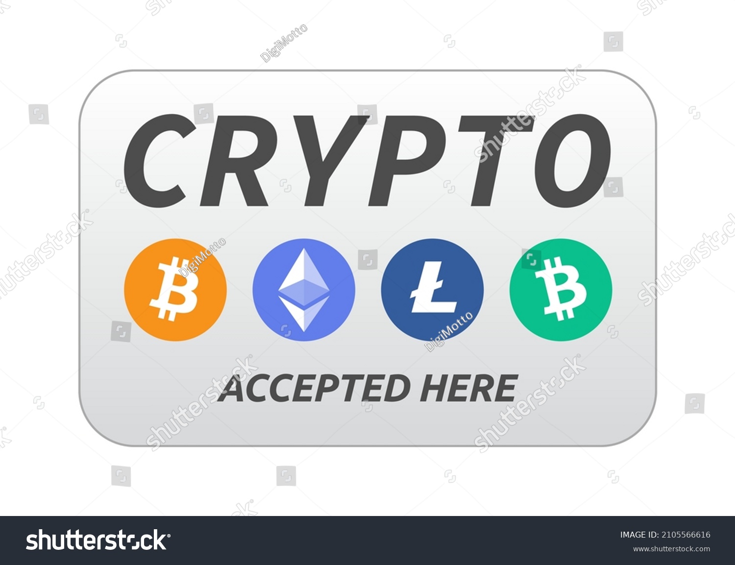 SVG of Crypto currency accepted here sign with Bitcoin, Ethereum, Litecoin button sticker vector illustration. Can be used as shop display sign, badge, label, card, print design, poster and graphic tag svg