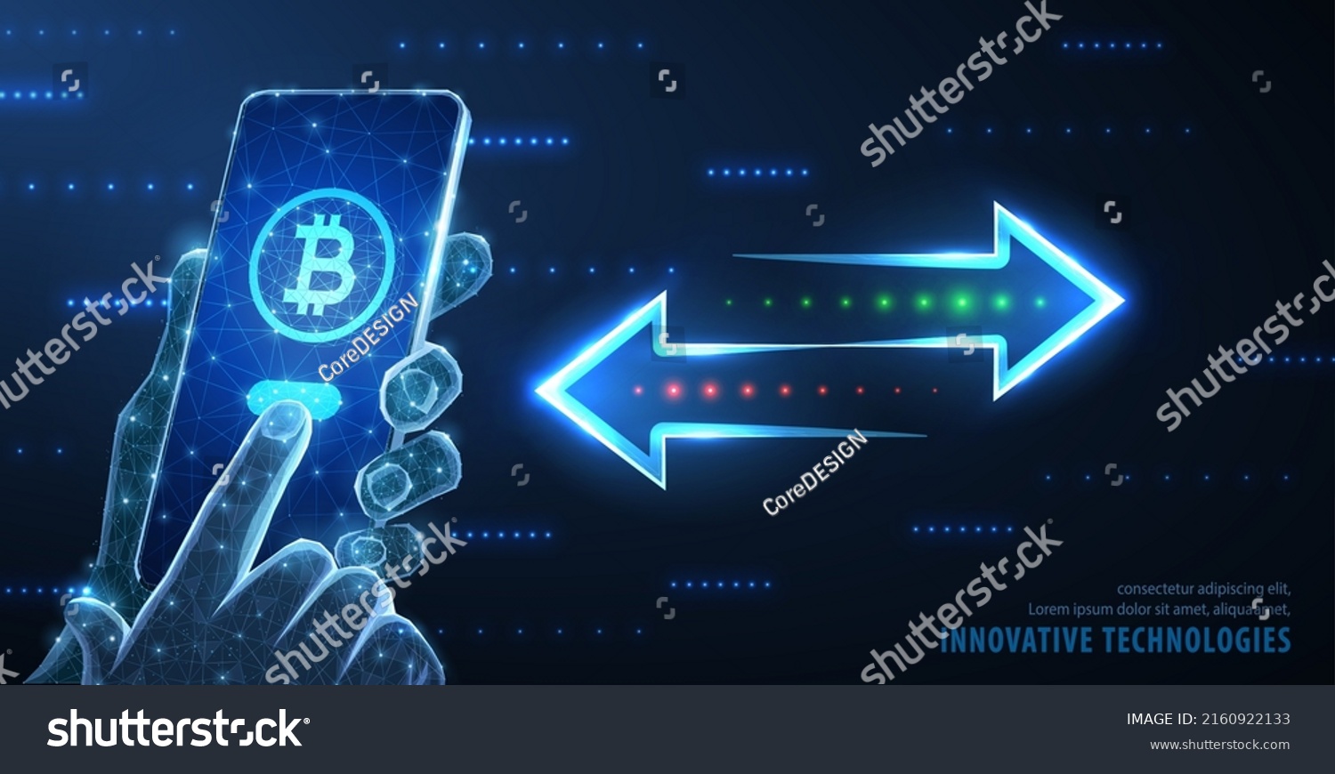 SVG of Crypto transfer. Phone in hands with bitcoin symbol and arrows. Money exchange, mobile banking, digital wallet, fast payment, send transaction, online transfer, smart pay, crypto transfer concept. svg