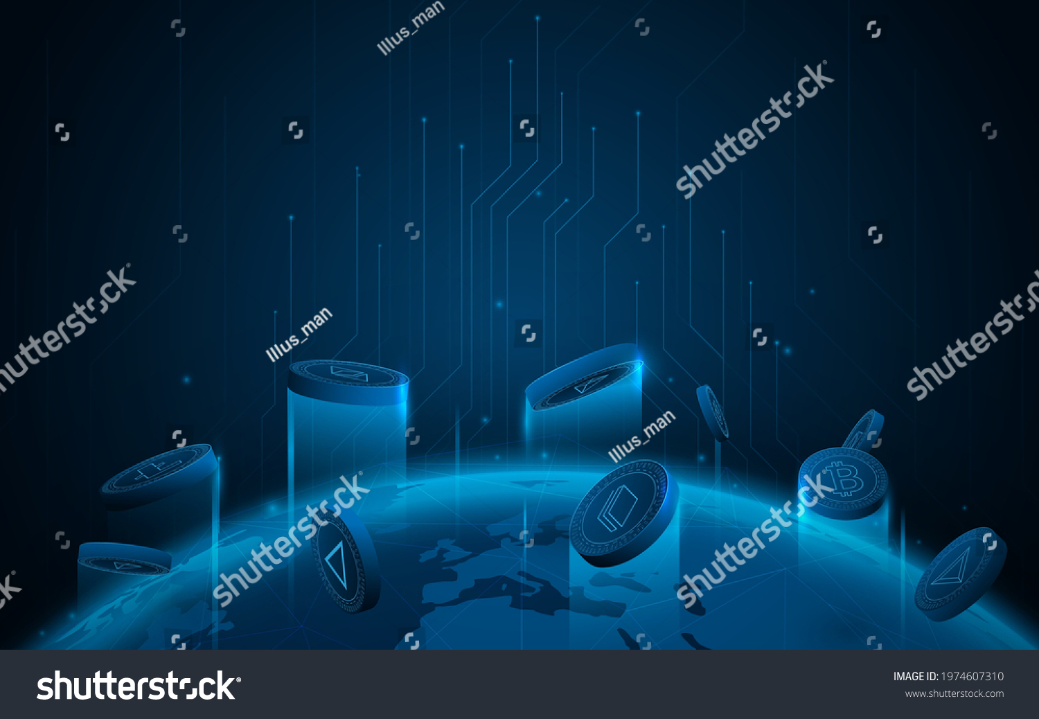 SVG of Cryptocurrency coins 3D flying on Global world communication technology for finance, blockchain. Vector illustration svg